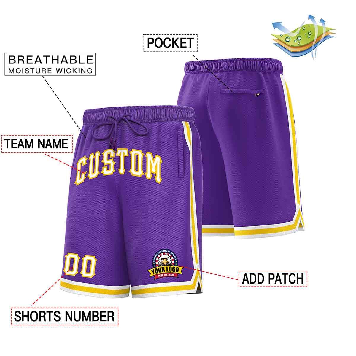 Short en maille de basket-ball de style classique violet blanc-or personnalisé