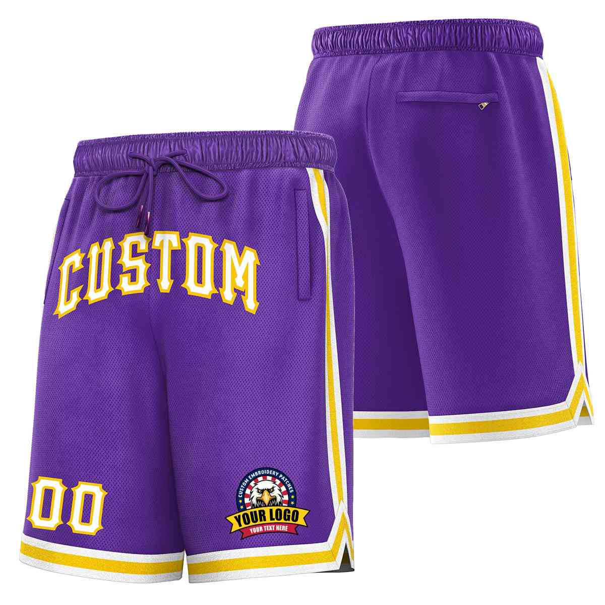 Short en maille de basket-ball de style classique violet blanc-or personnalisé