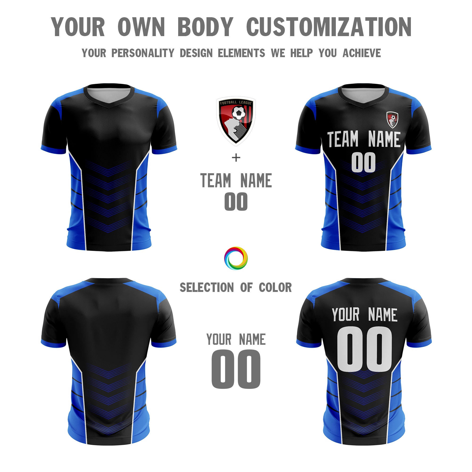 Custom Black Blue-White Sport Soccer Tops Jersey