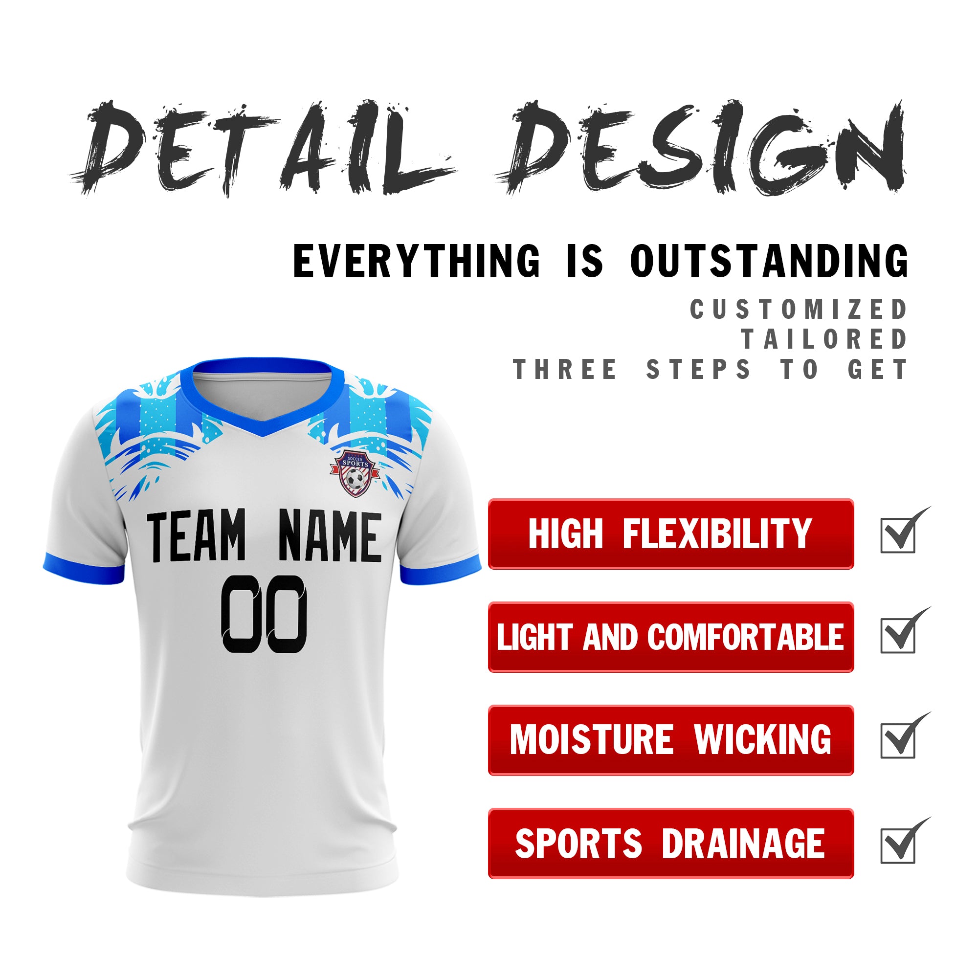 Custom White Blue Sport Soccer Tops Jersey