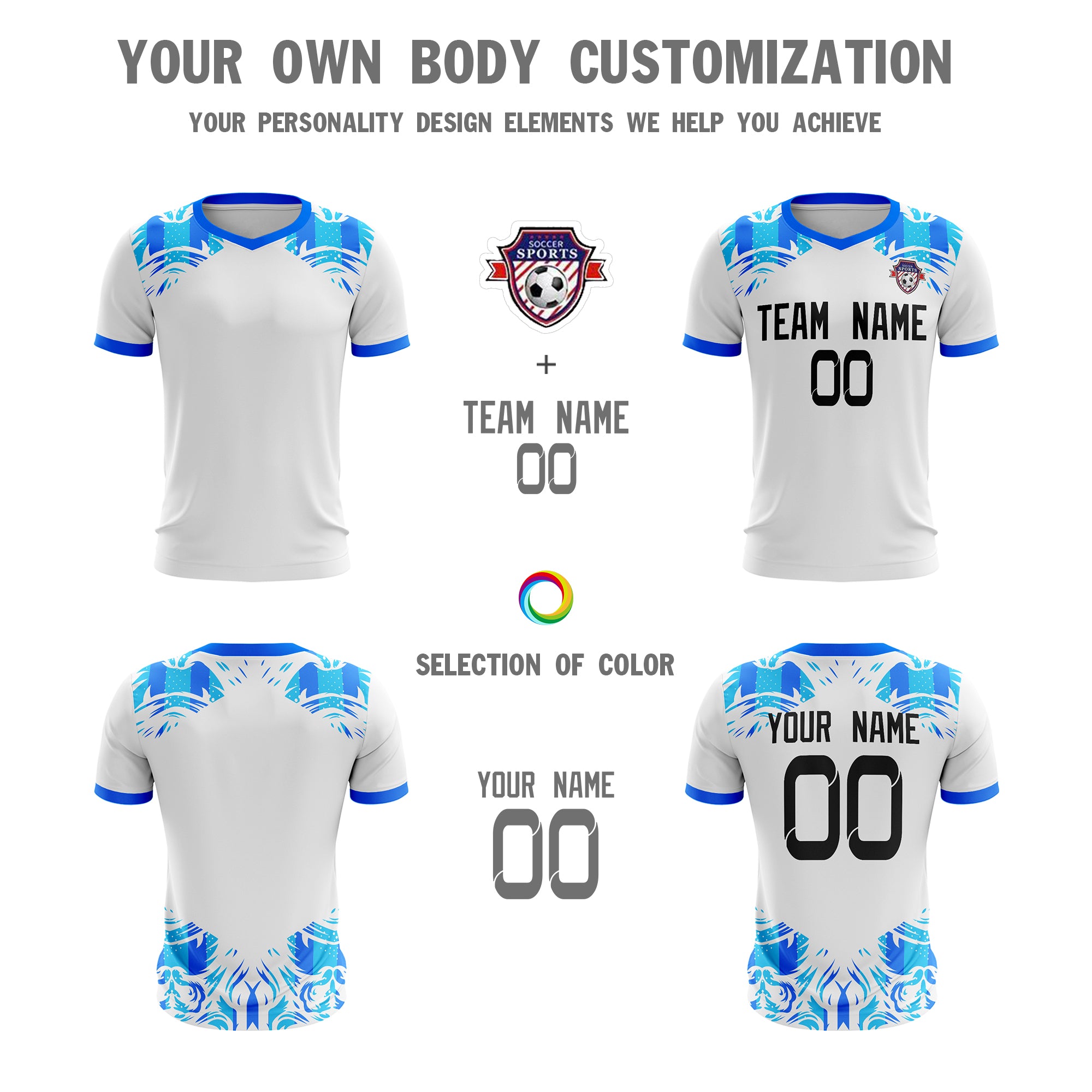 Custom White Blue Sport Soccer Tops Jersey