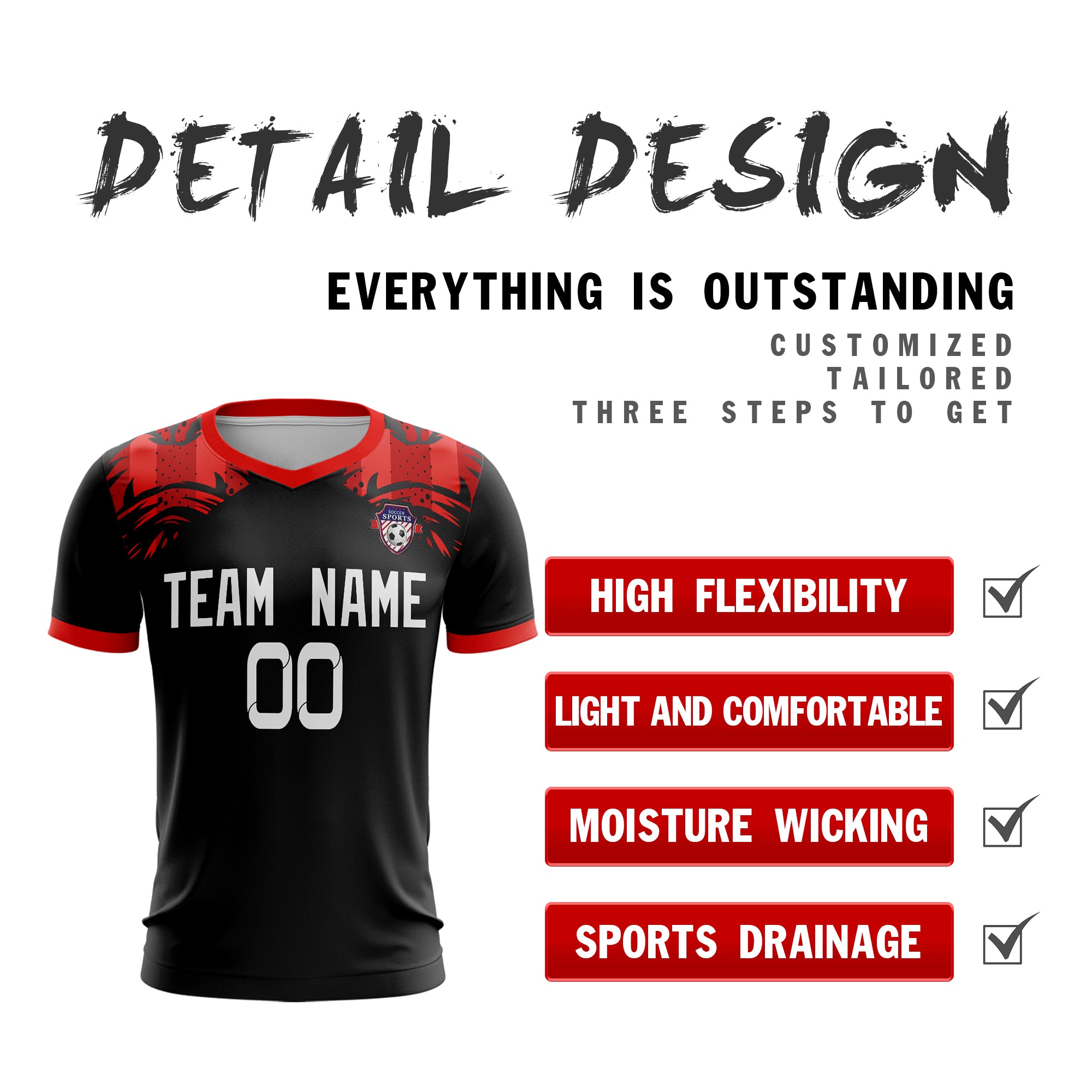 Custom Black Red White Sport Soccer Tops Jersey