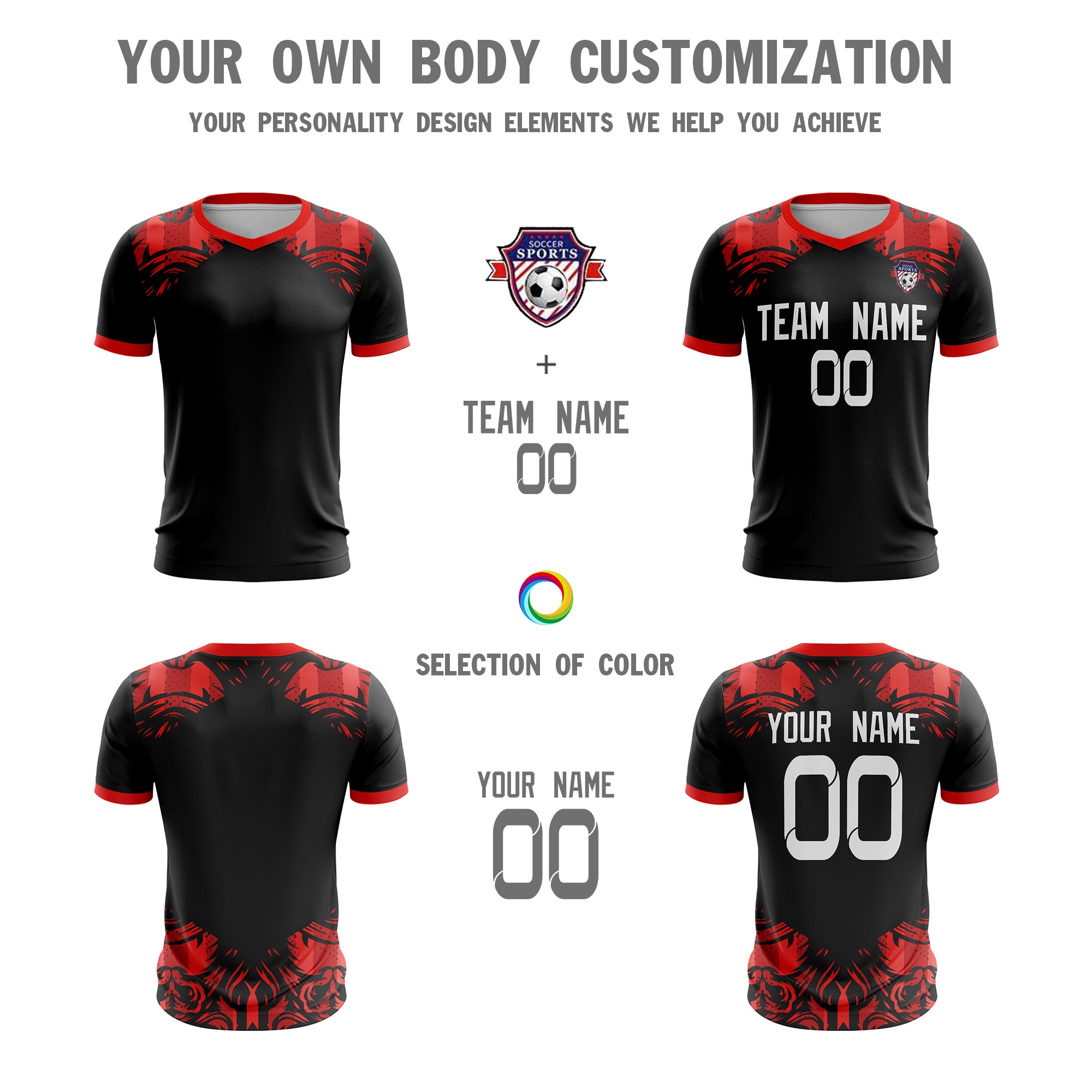 Custom Black Red White Sport Soccer Tops Jersey