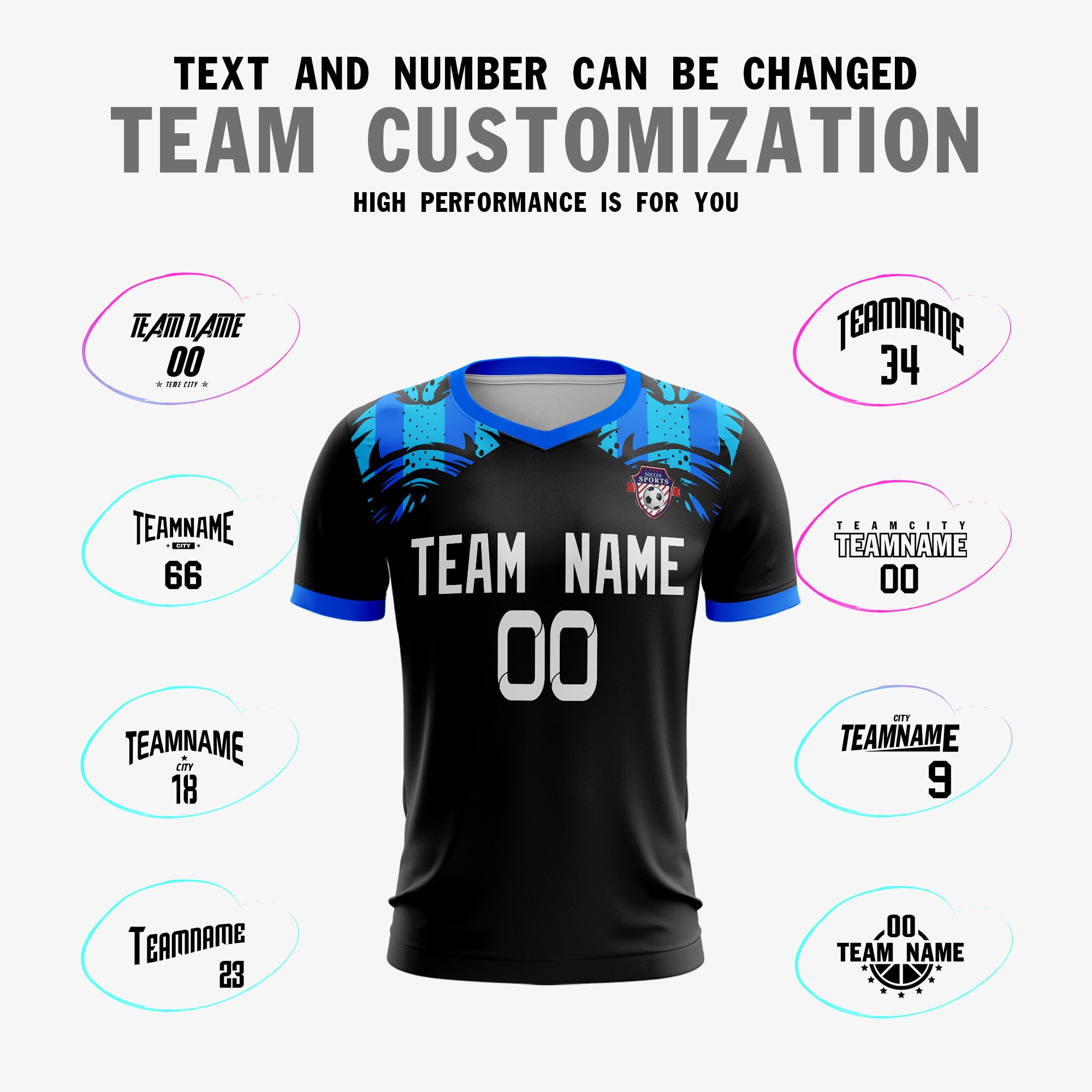 Custom Black Blue Sport Soccer Tops Jersey