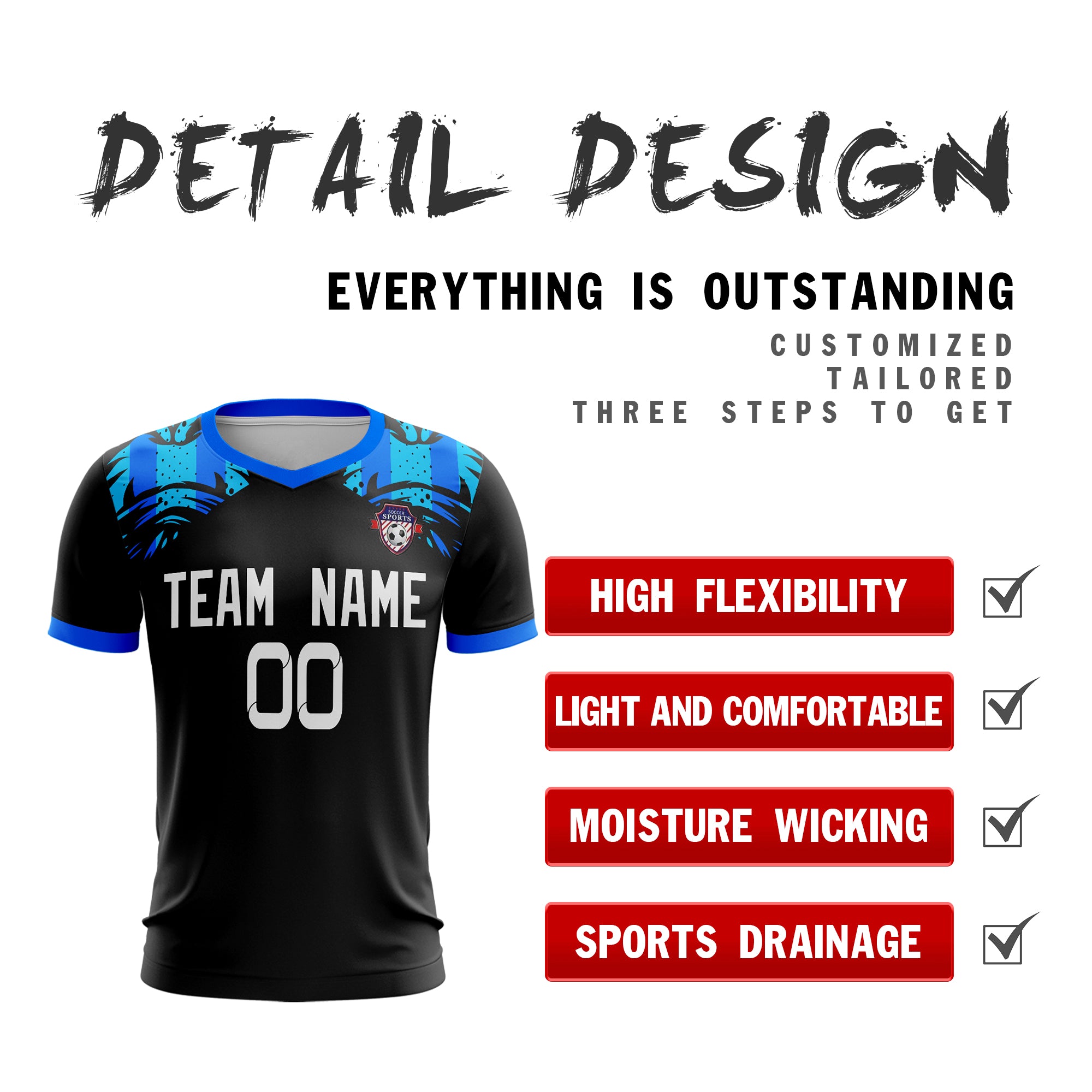 Custom Black Blue Sport Soccer Tops Jersey