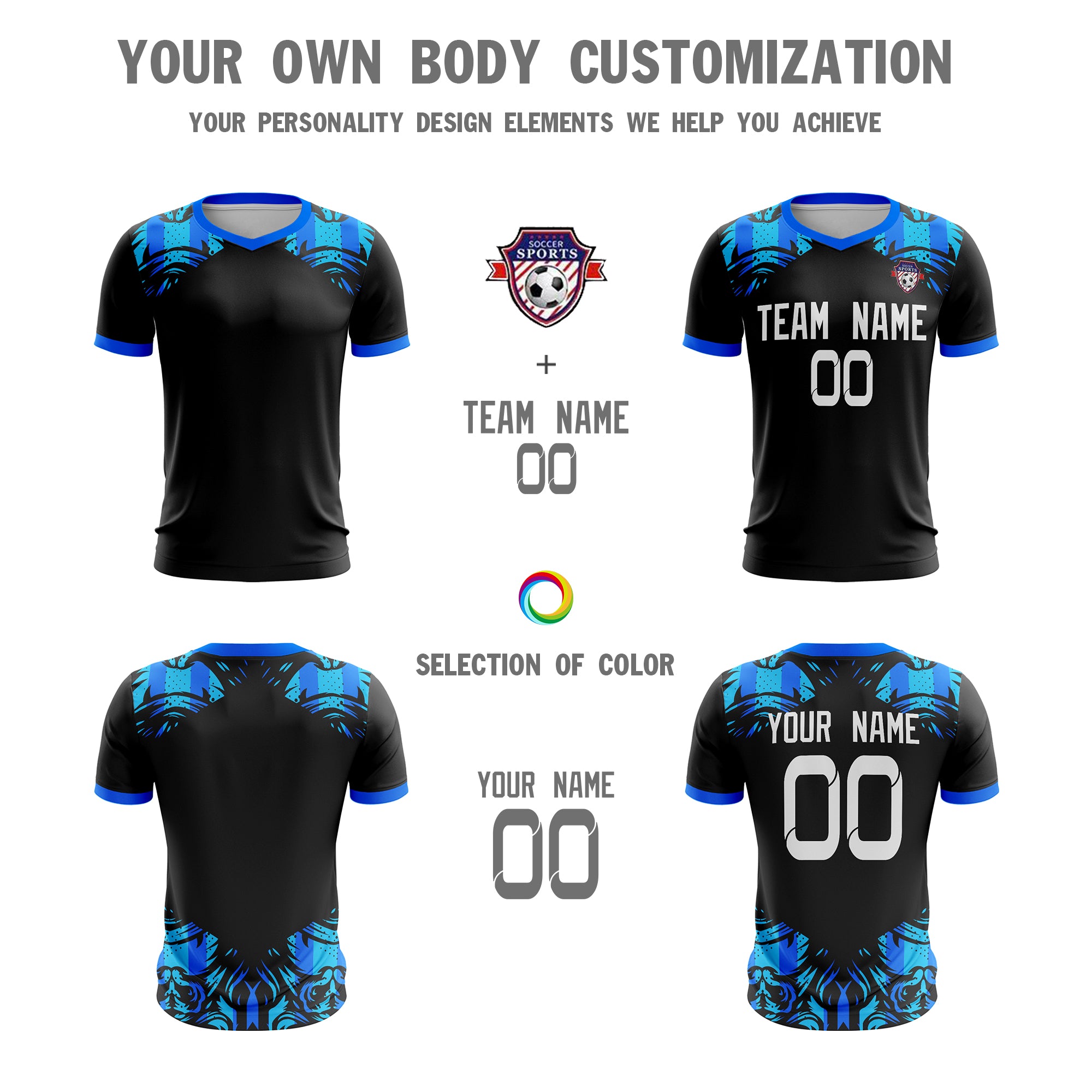 KXK Custom Black Blue Sport Soccer Tops Jersey