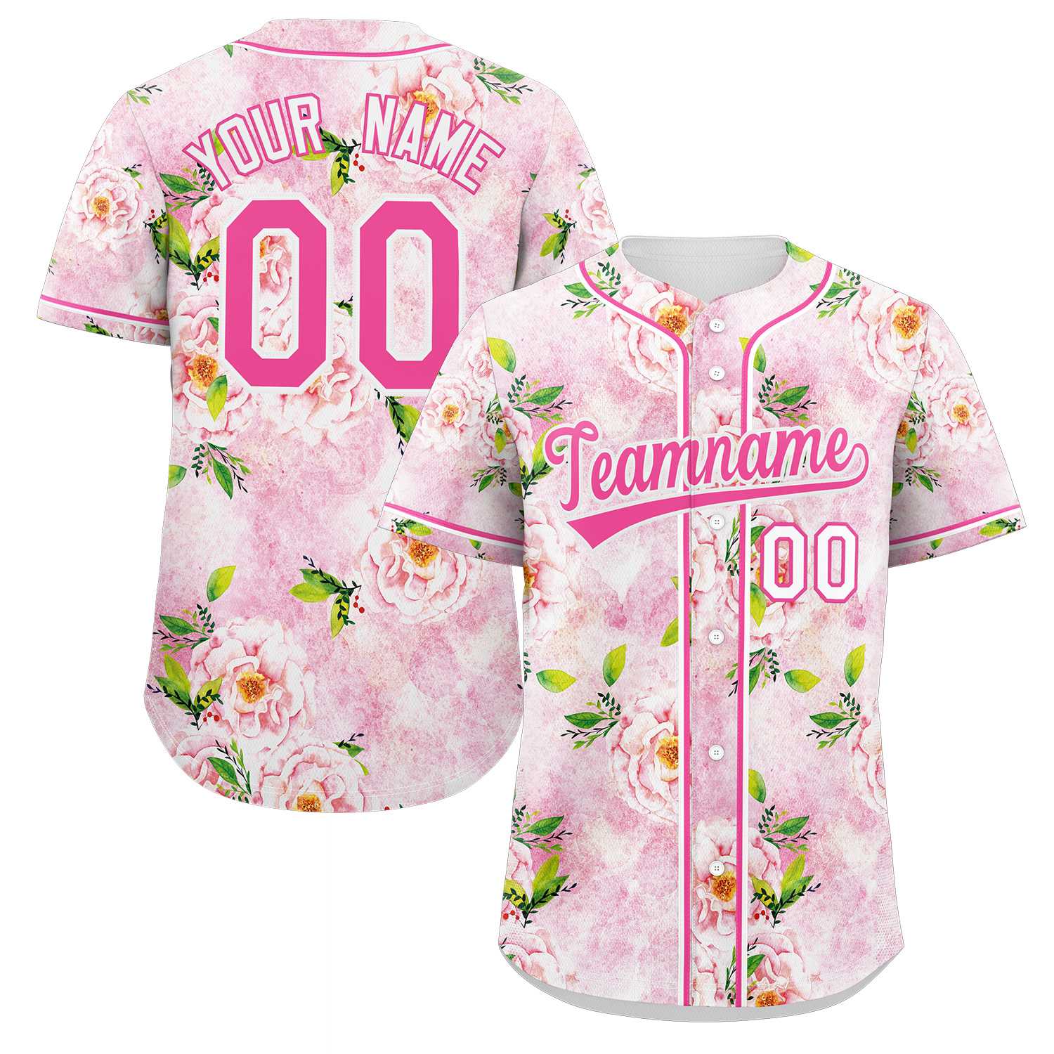 Maillot de baseball personnalisé à motif graffiti rose et blanc, fleur authentique