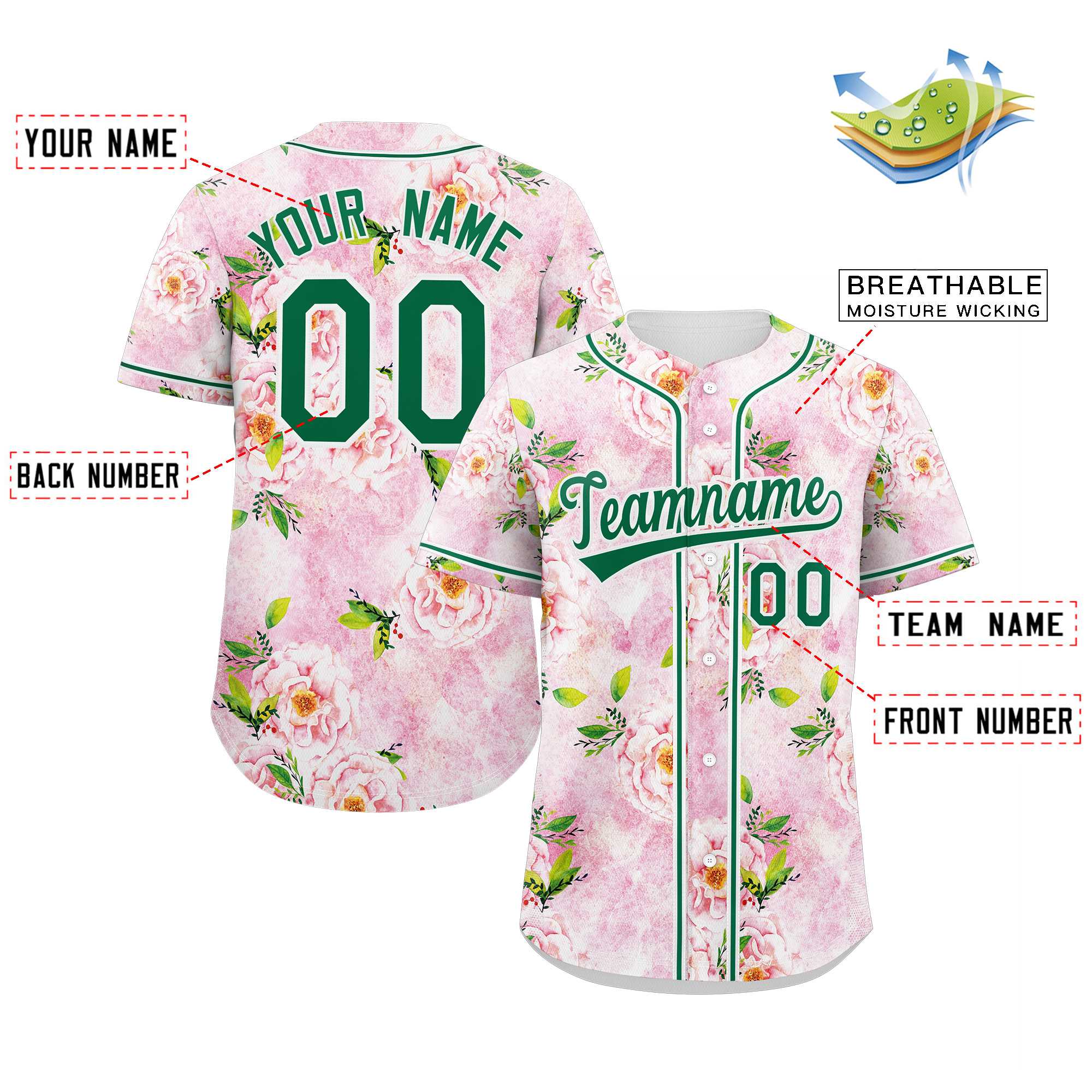 Maillot de Baseball personnalisé rose Kelly vert-blanc, motif Graffiti, fleur authentique