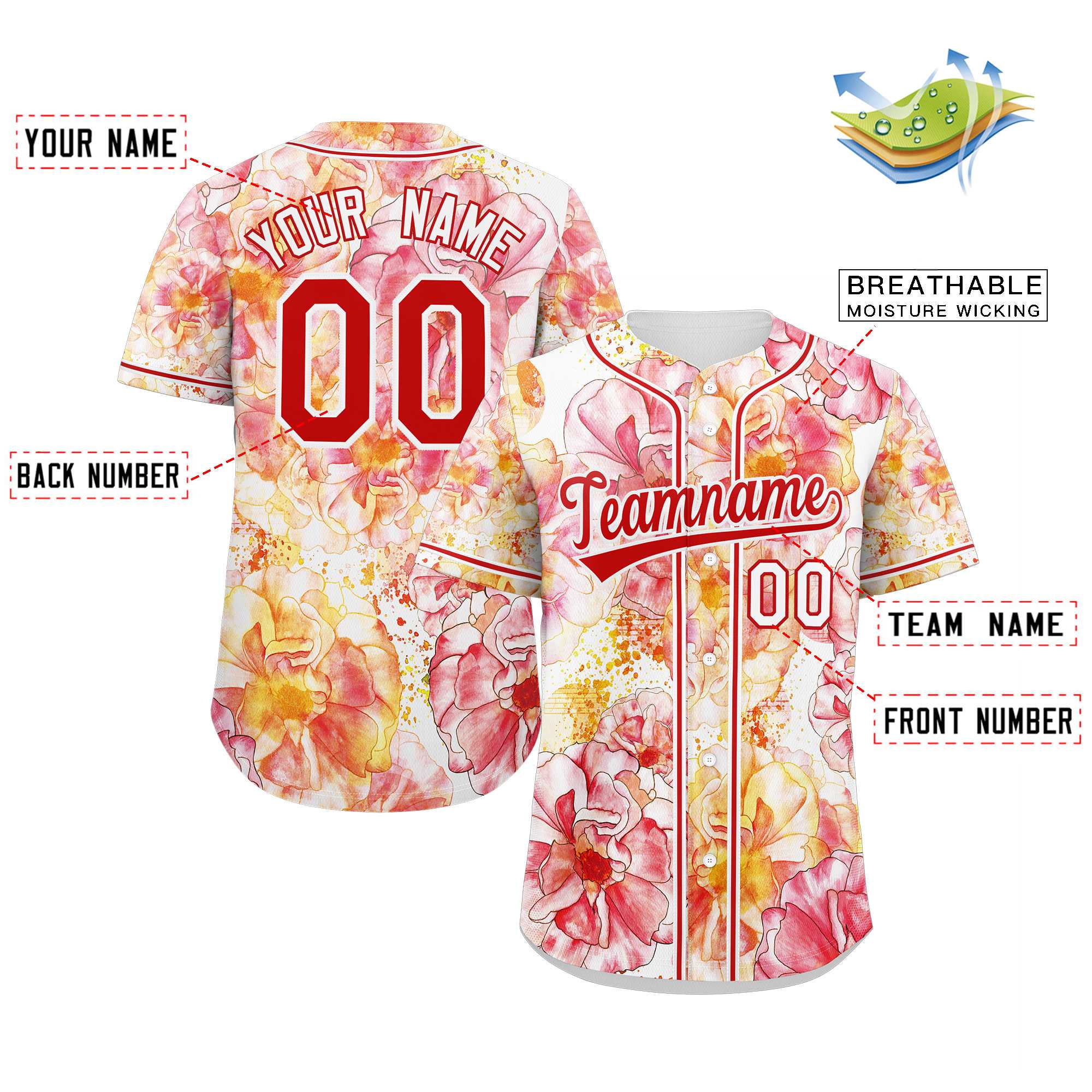 Maillot de baseball personnalisé à motif de graffiti rouge et blanc, fleur authentique