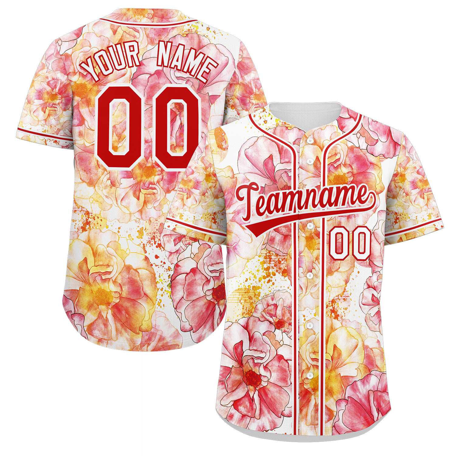 Maillot de baseball personnalisé à motif de graffiti rouge et blanc, fleur authentique