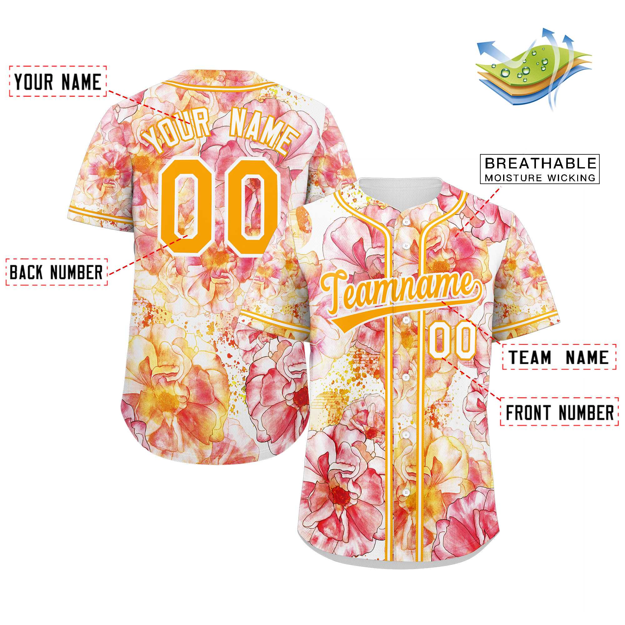 Maillot de baseball personnalisé à motif graffiti rouge jaune-blanc, fleur authentique