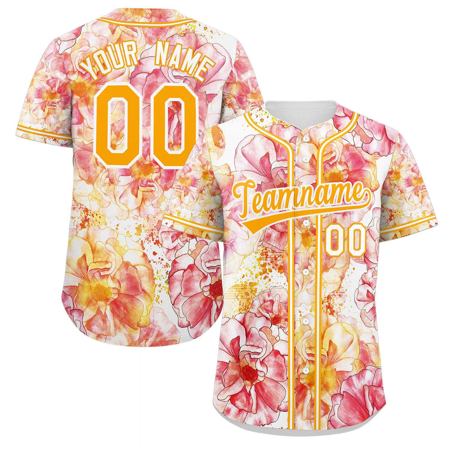 Maillot de baseball personnalisé à motif graffiti rouge jaune-blanc, fleur authentique