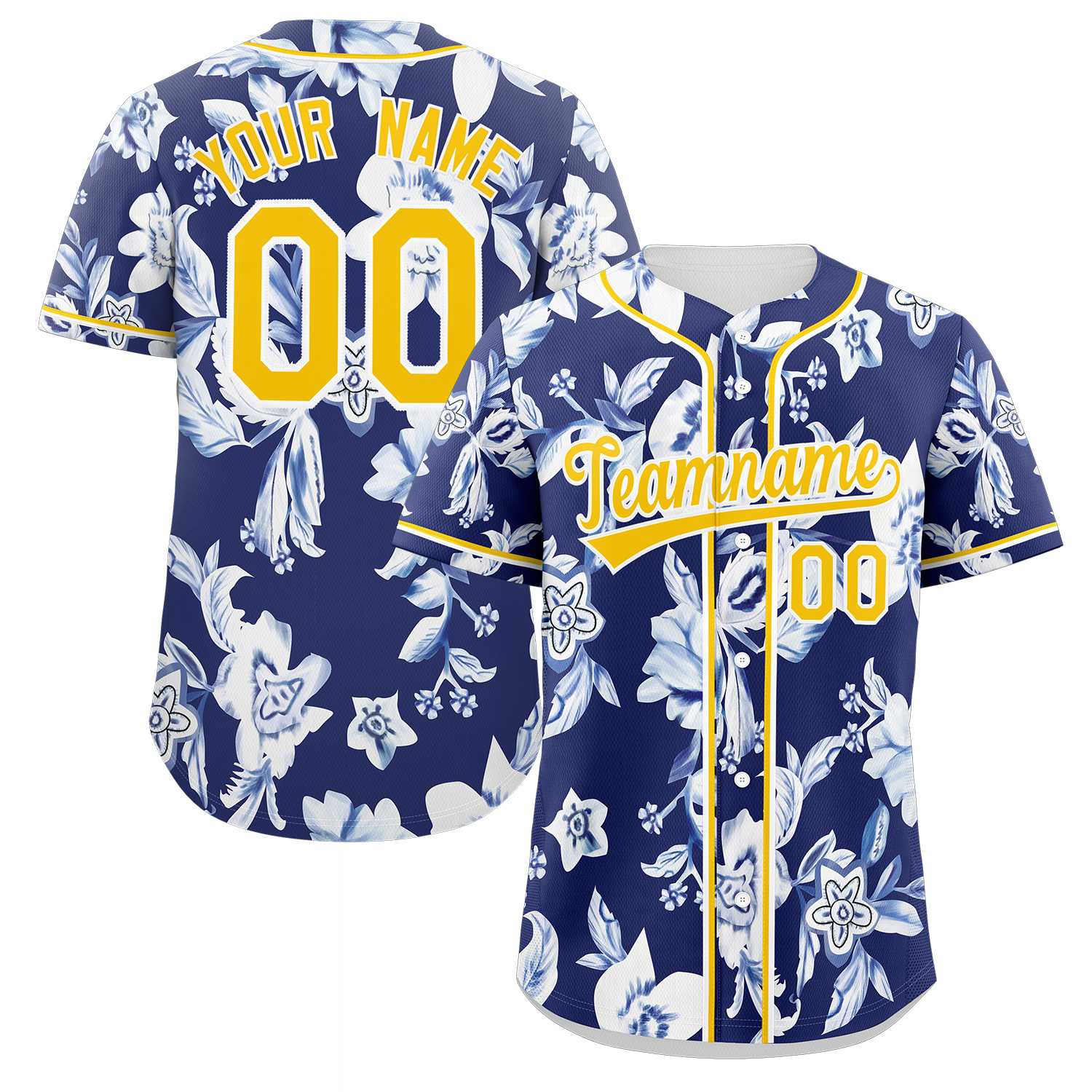 Maillot de baseball personnalisé à motif de graffiti Royal or-blanc, fleur authentique