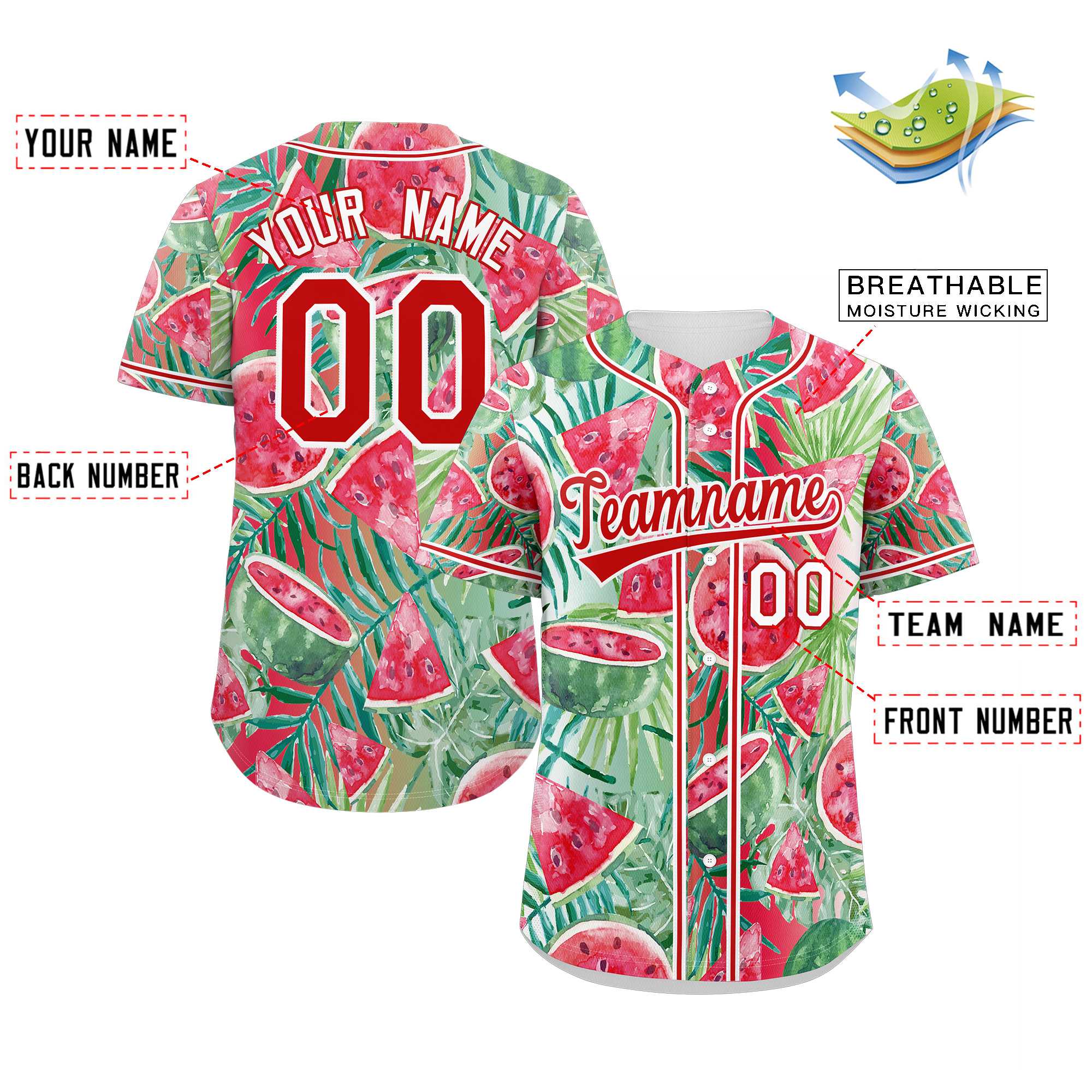 Maillot de baseball personnalisé à motif graffiti rouge et blanc, pastèque authentique