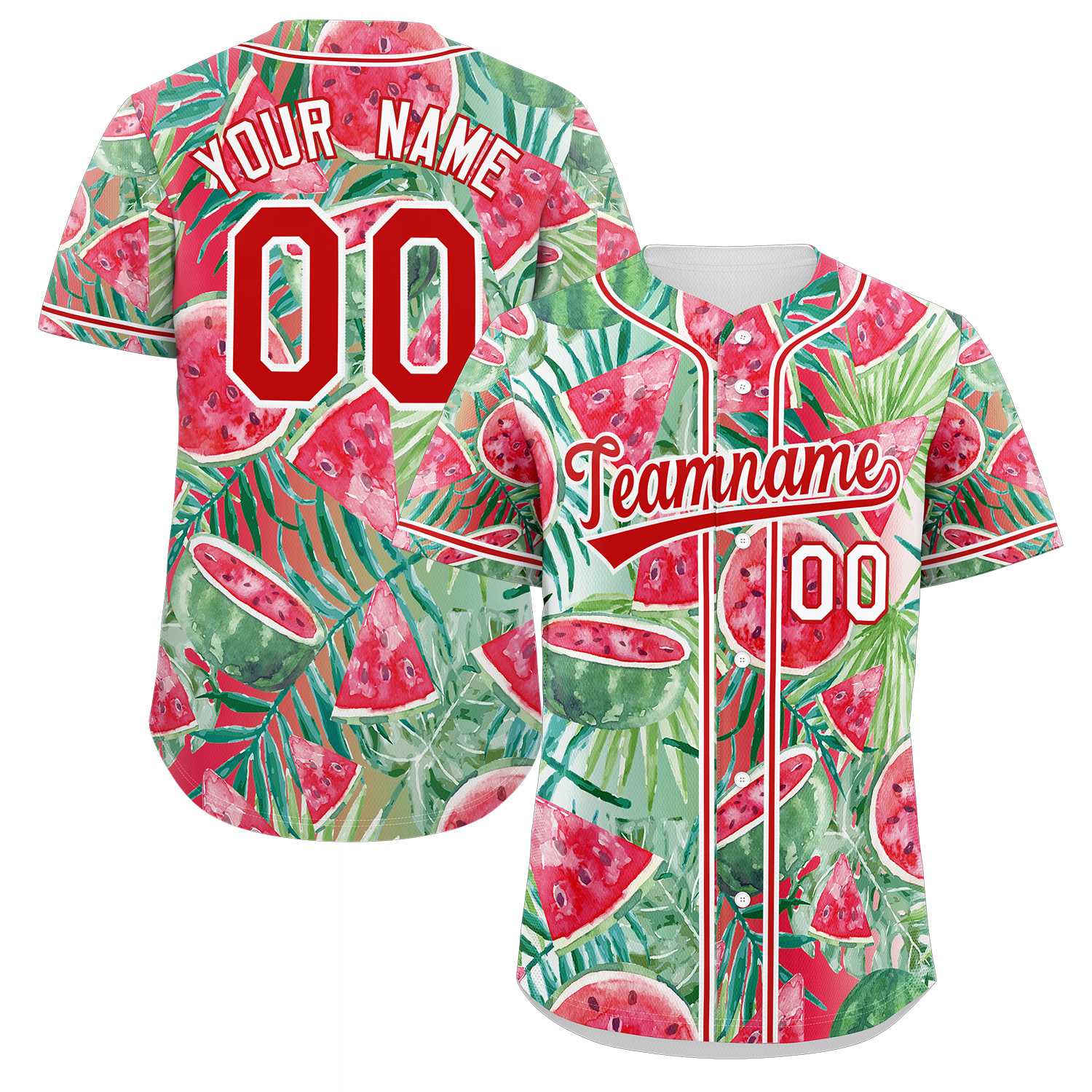 Maillot de baseball personnalisé à motif graffiti rouge et blanc, pastèque authentique