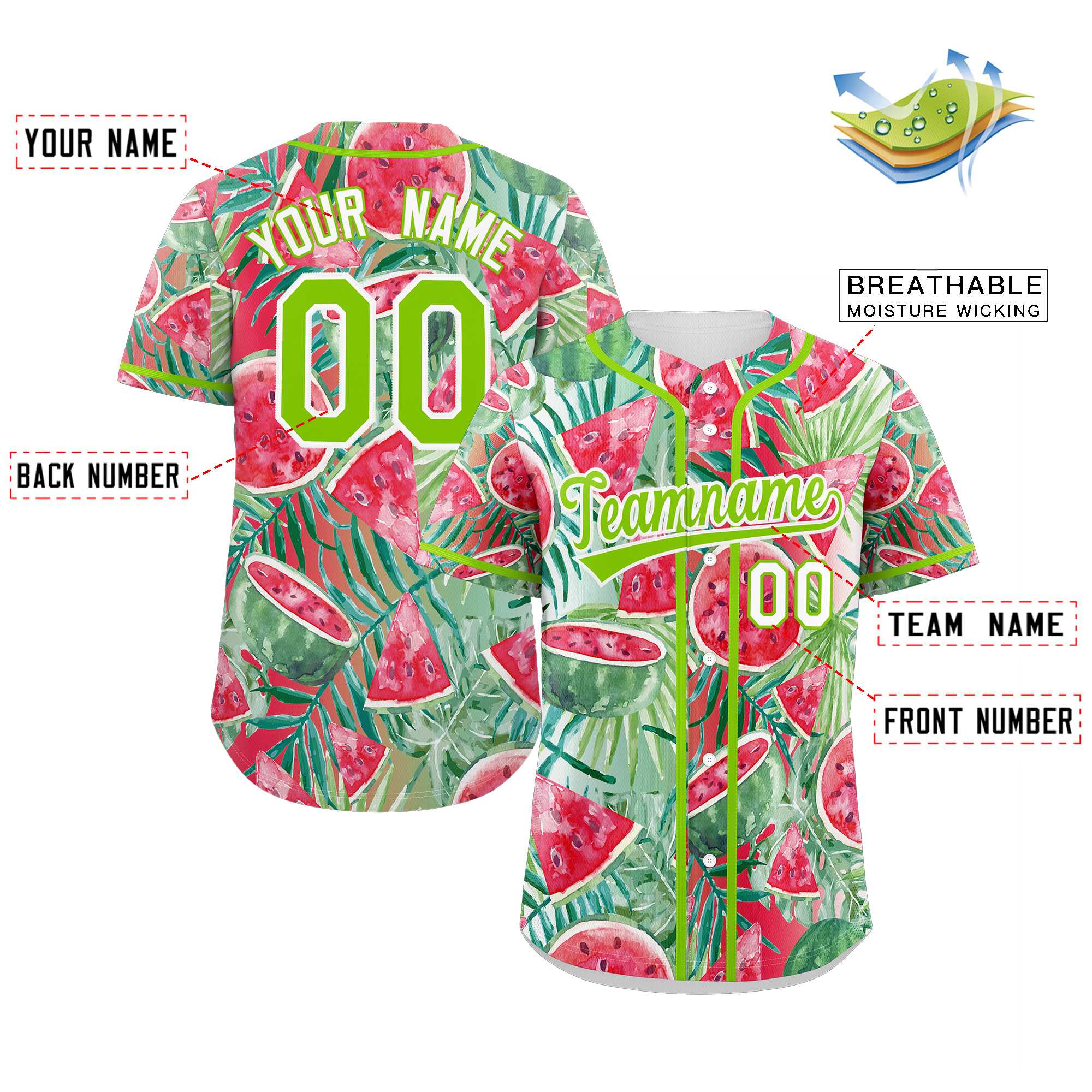 Maillot de Baseball pastèque authentique, motif Graffiti rouge néon vert-blanc personnalisé