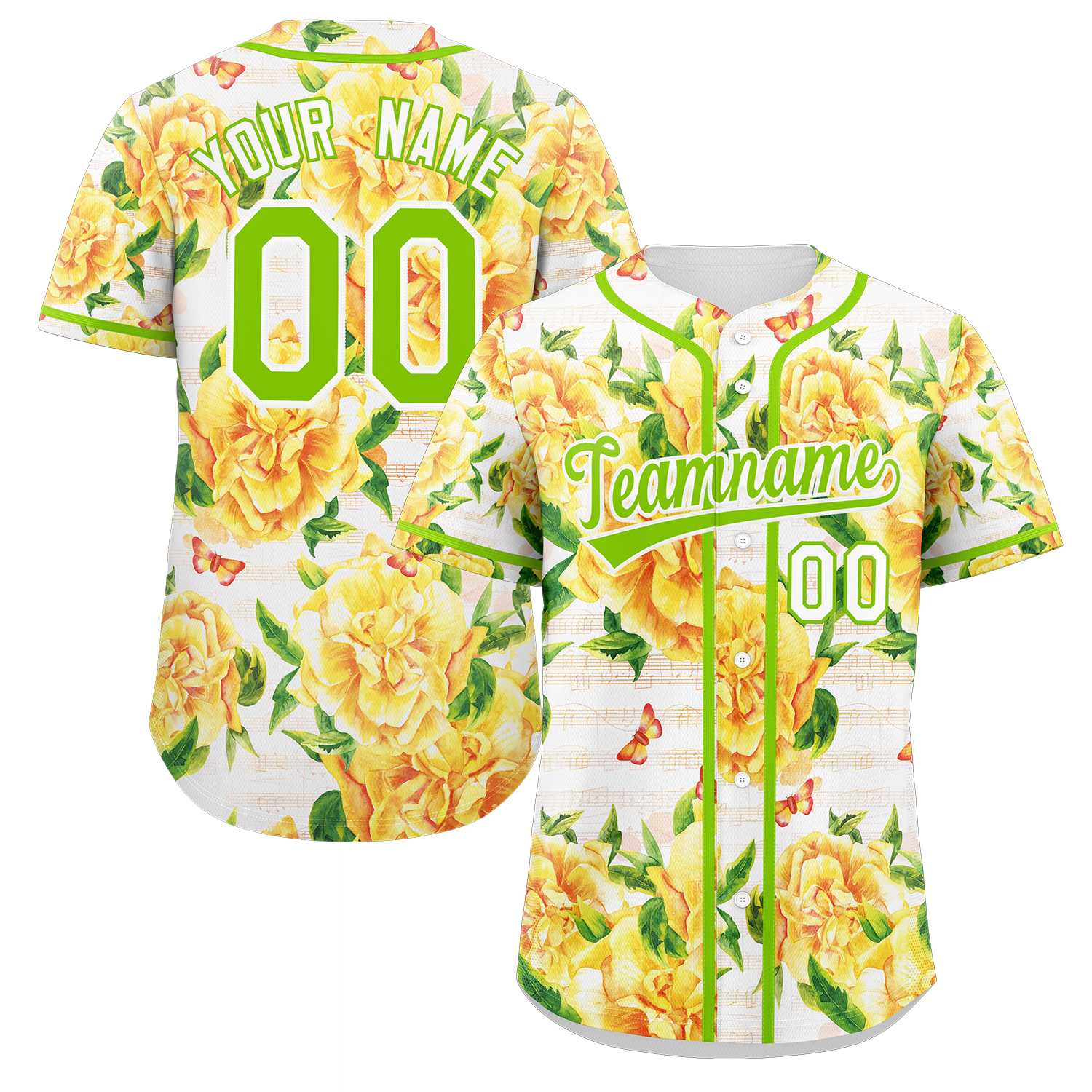 Custom Yellow Neon Green-White Graffiti Pattern Authentic Flower Baseball Jersey