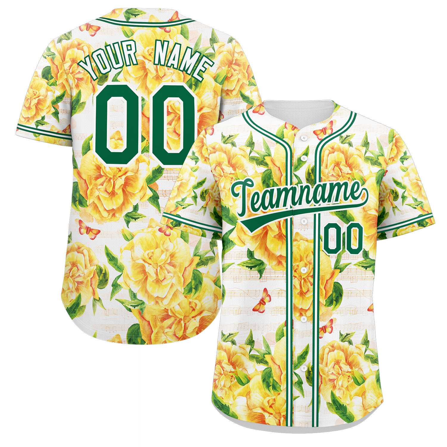 Maillot de Baseball personnalisé jaune Kelly vert-blanc, motif Graffiti, fleur authentique