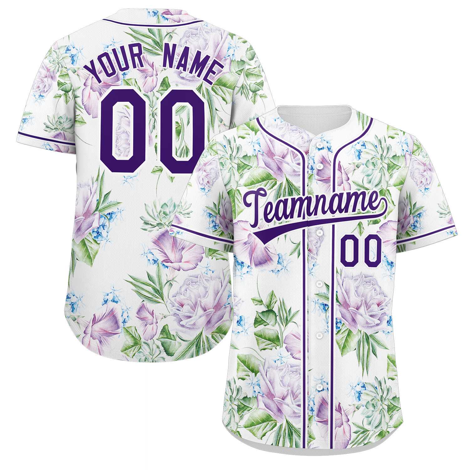 Maillot de baseball personnalisé à motif graffiti blanc violet-blanc, fleur authentique