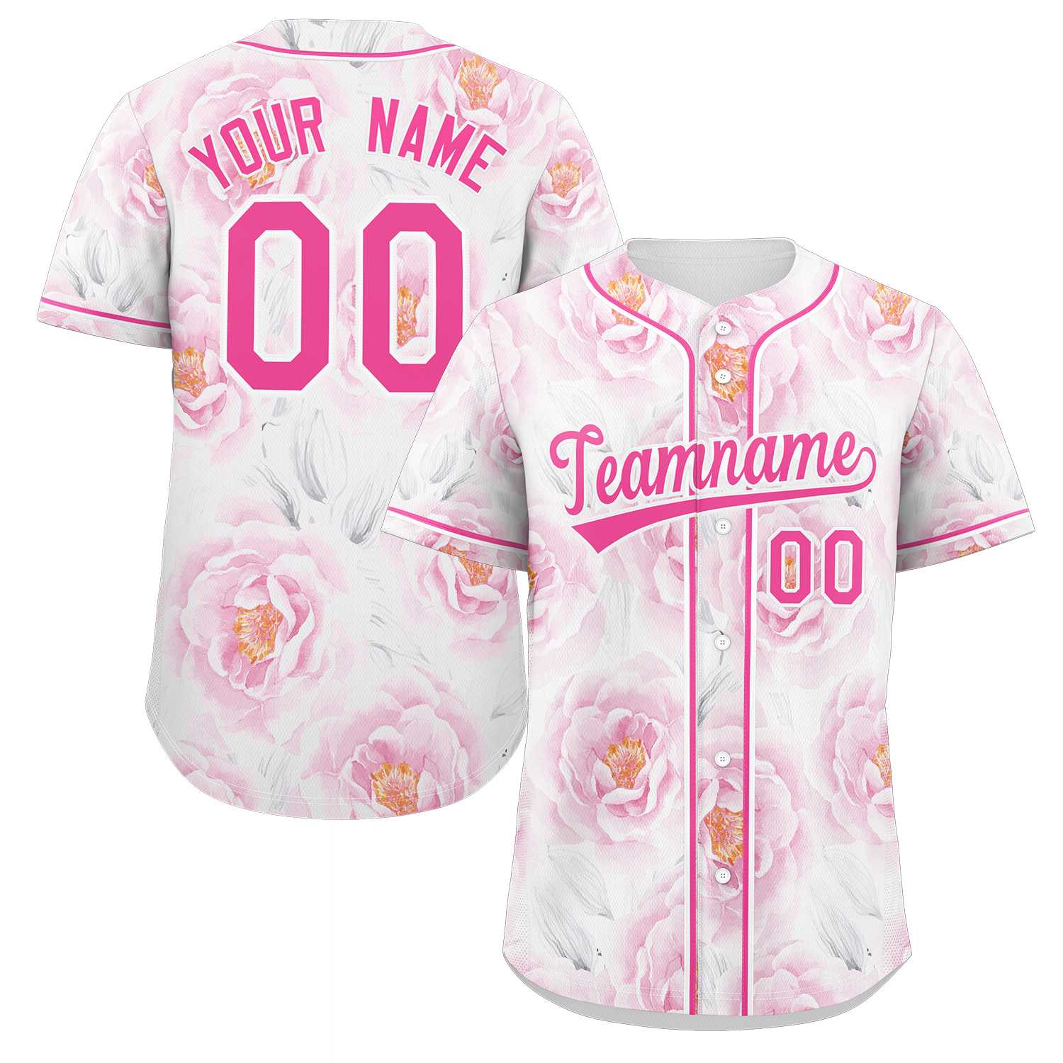 Maillot de baseball personnalisé à motif graffiti rose et blanc, fleur authentique