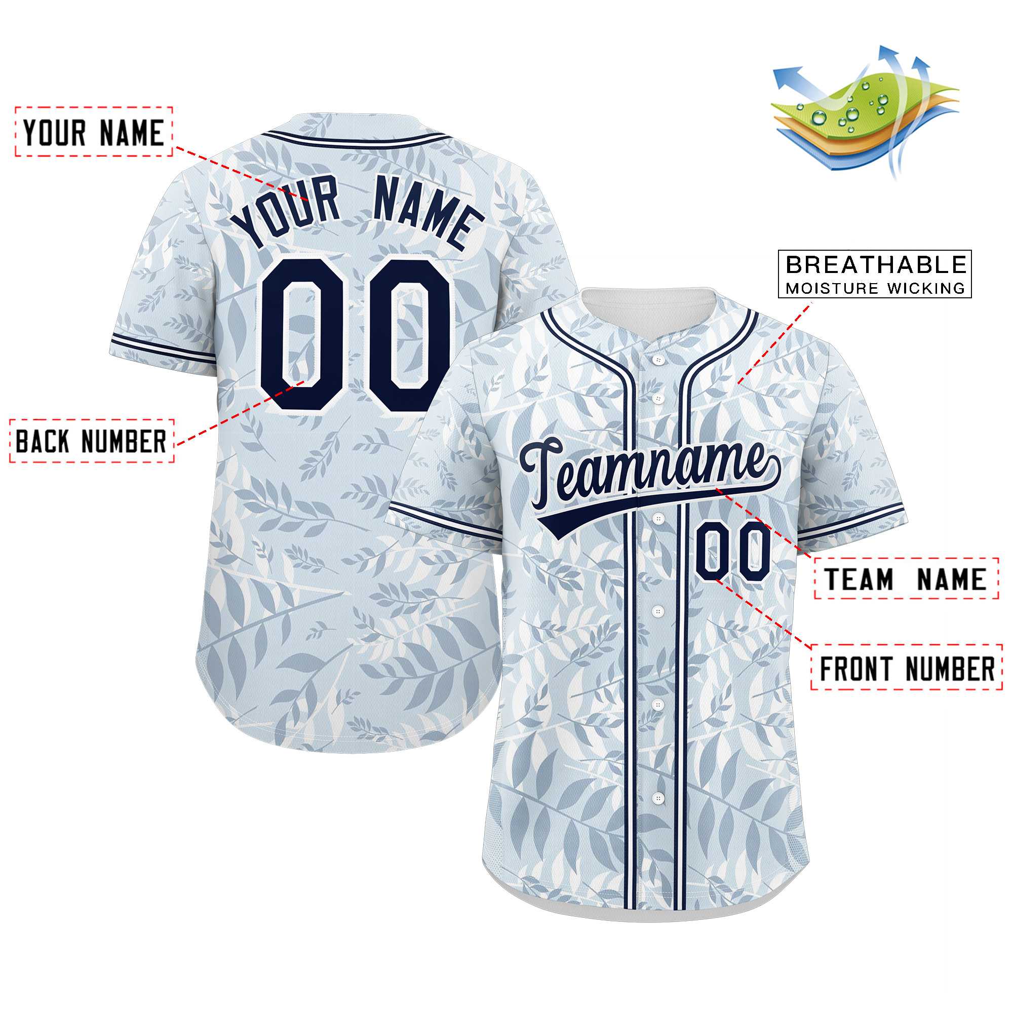 Maillot de baseball personnalisé avec motif graffiti, bleu clair, bleu marine et blanc, authentique, feuille de palmier