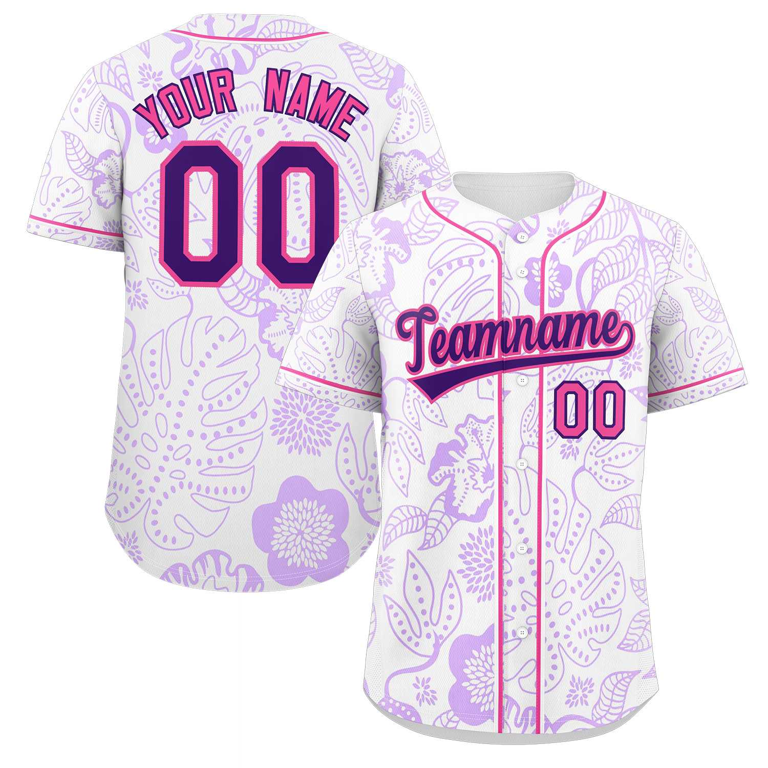 Maillot de baseball personnalisé à motif graffiti blanc violet-rose, feuilles authentiques