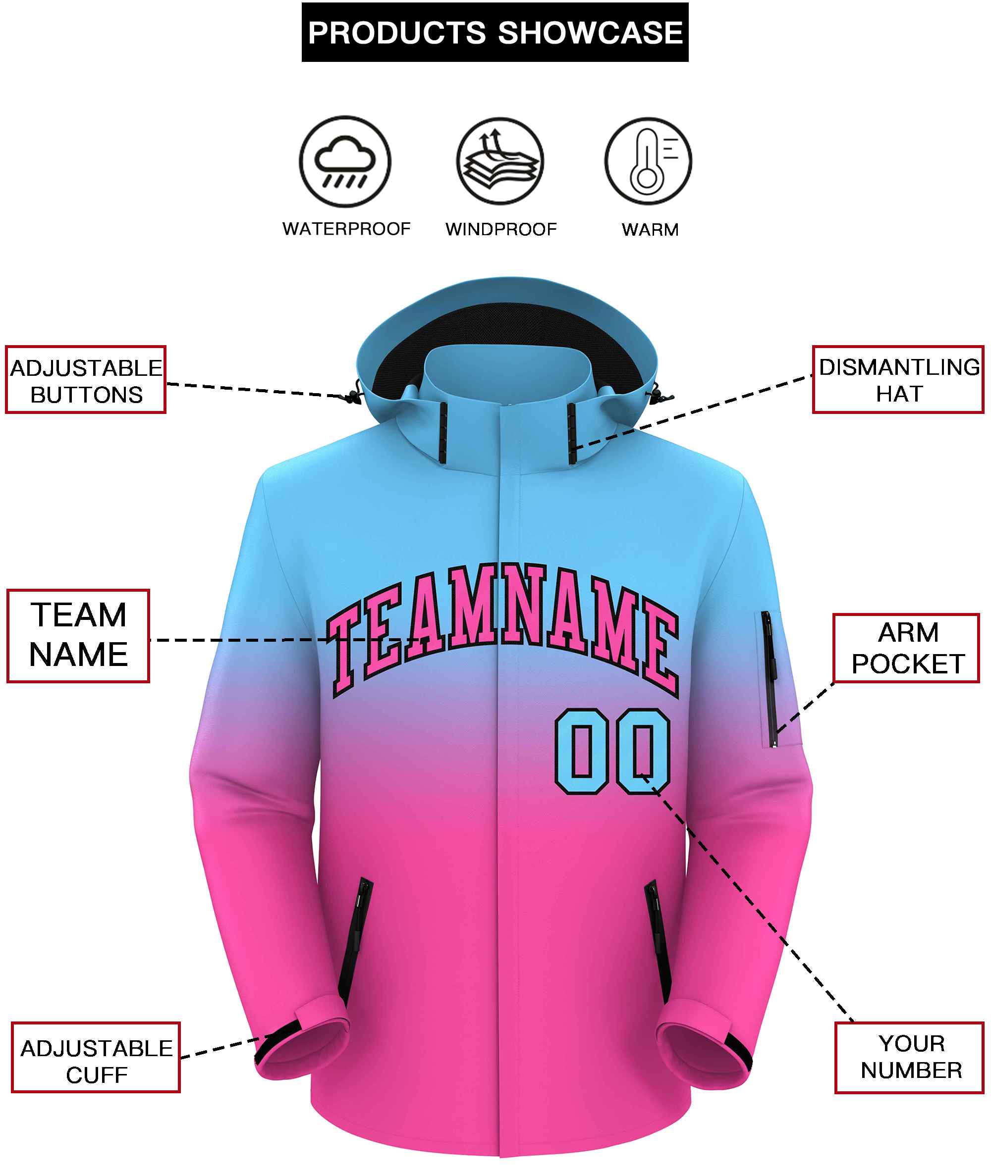 Custom Blue Pink Gradient Fashion Outdoor Hooded Waterproof Jacket