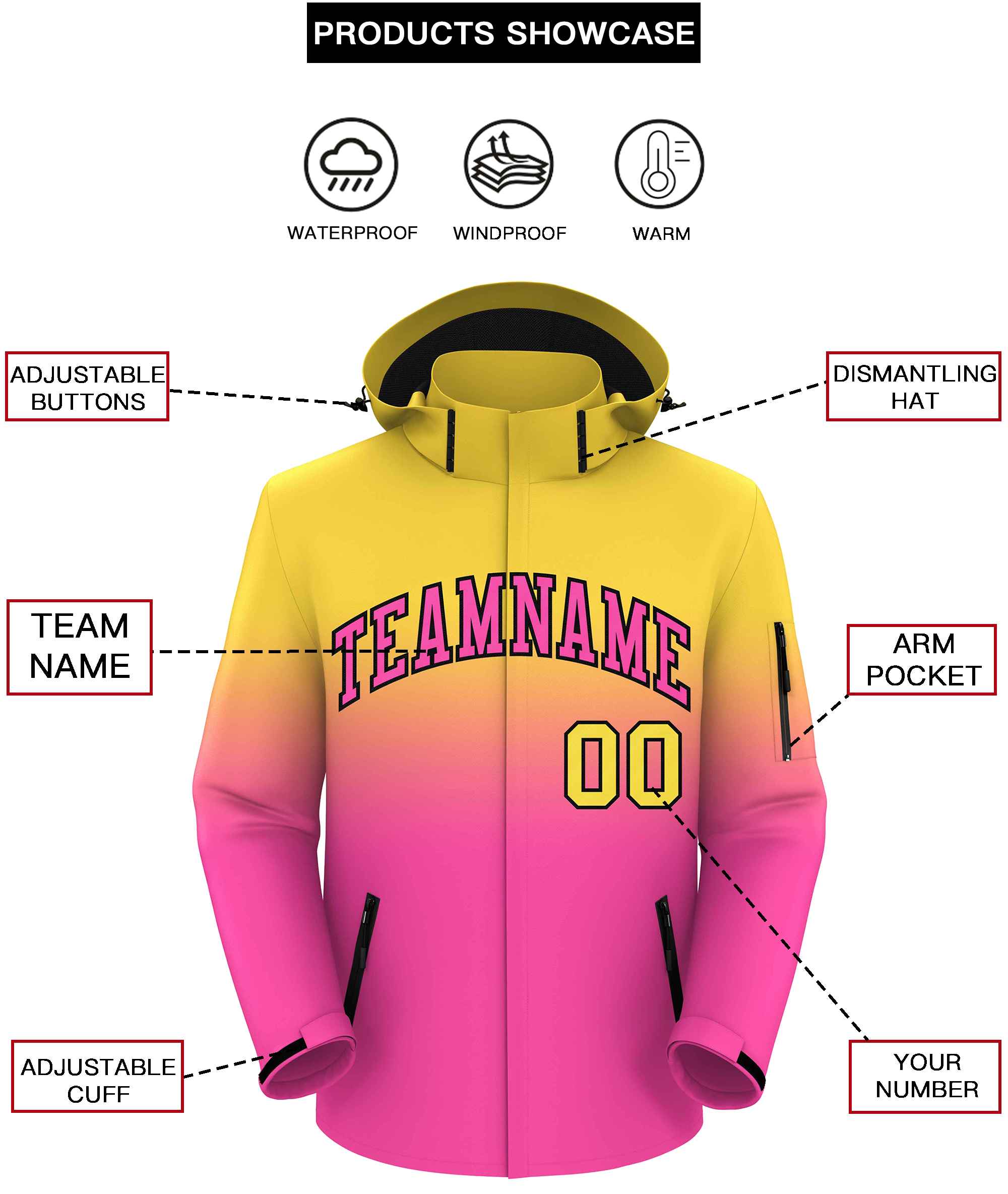 Custom Yellow Pink Gradient Fashion Outdoor Hooded Waterproof Jacket