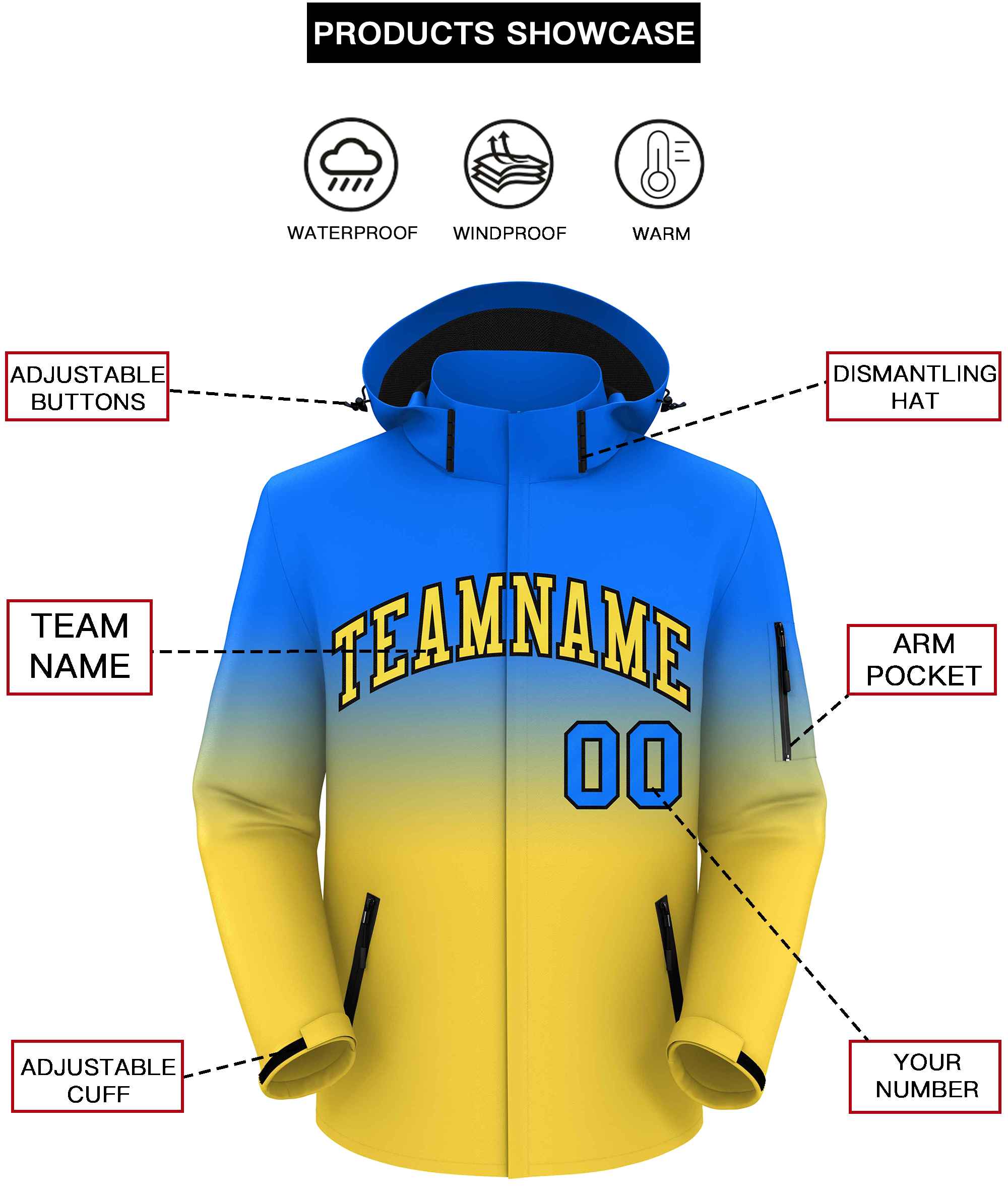 Custom Blue Yellow Gradient Fashion Outdoor Hooded Waterproof Jacket