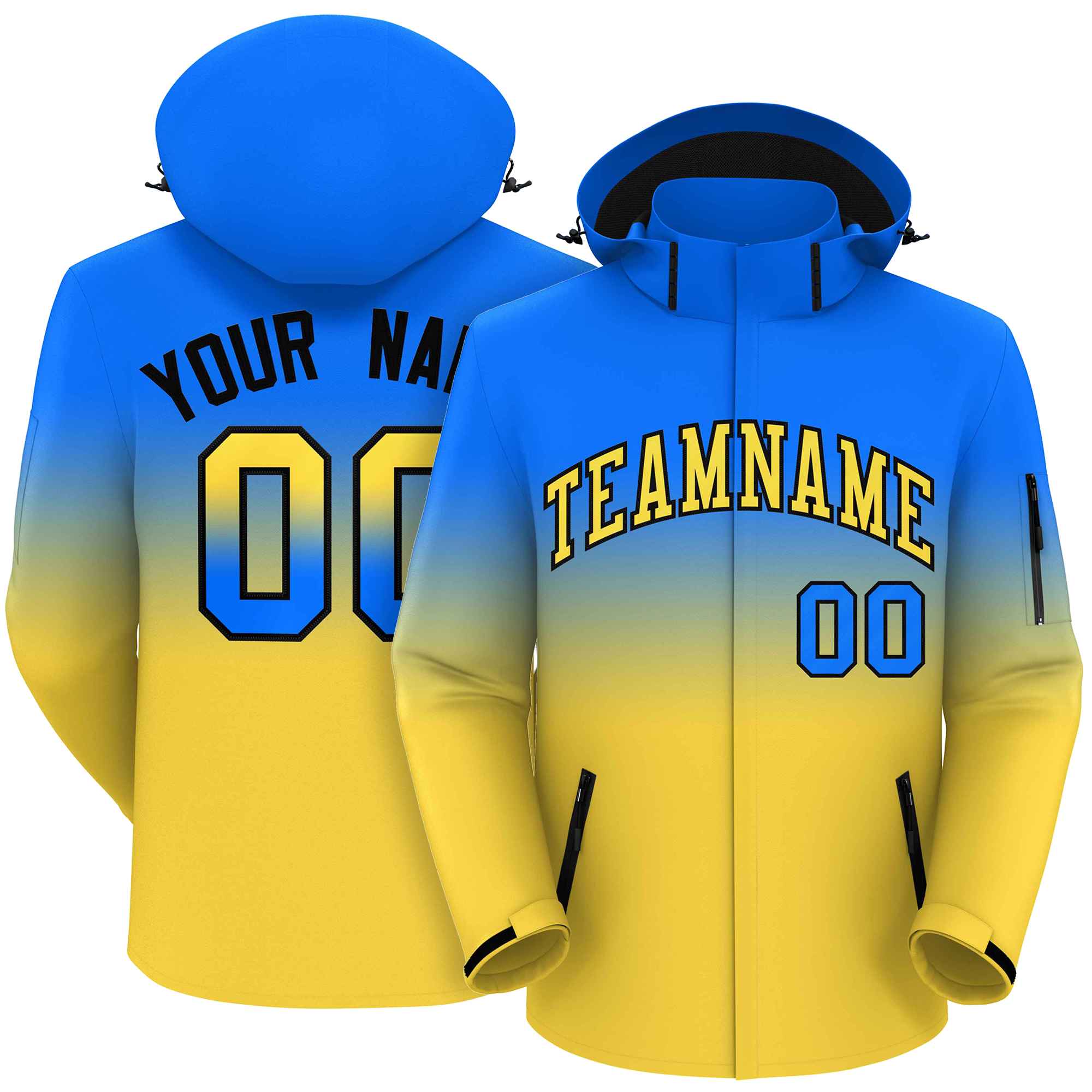 Custom Blue Yellow Gradient Fashion Outdoor Hooded Waterproof Jacket