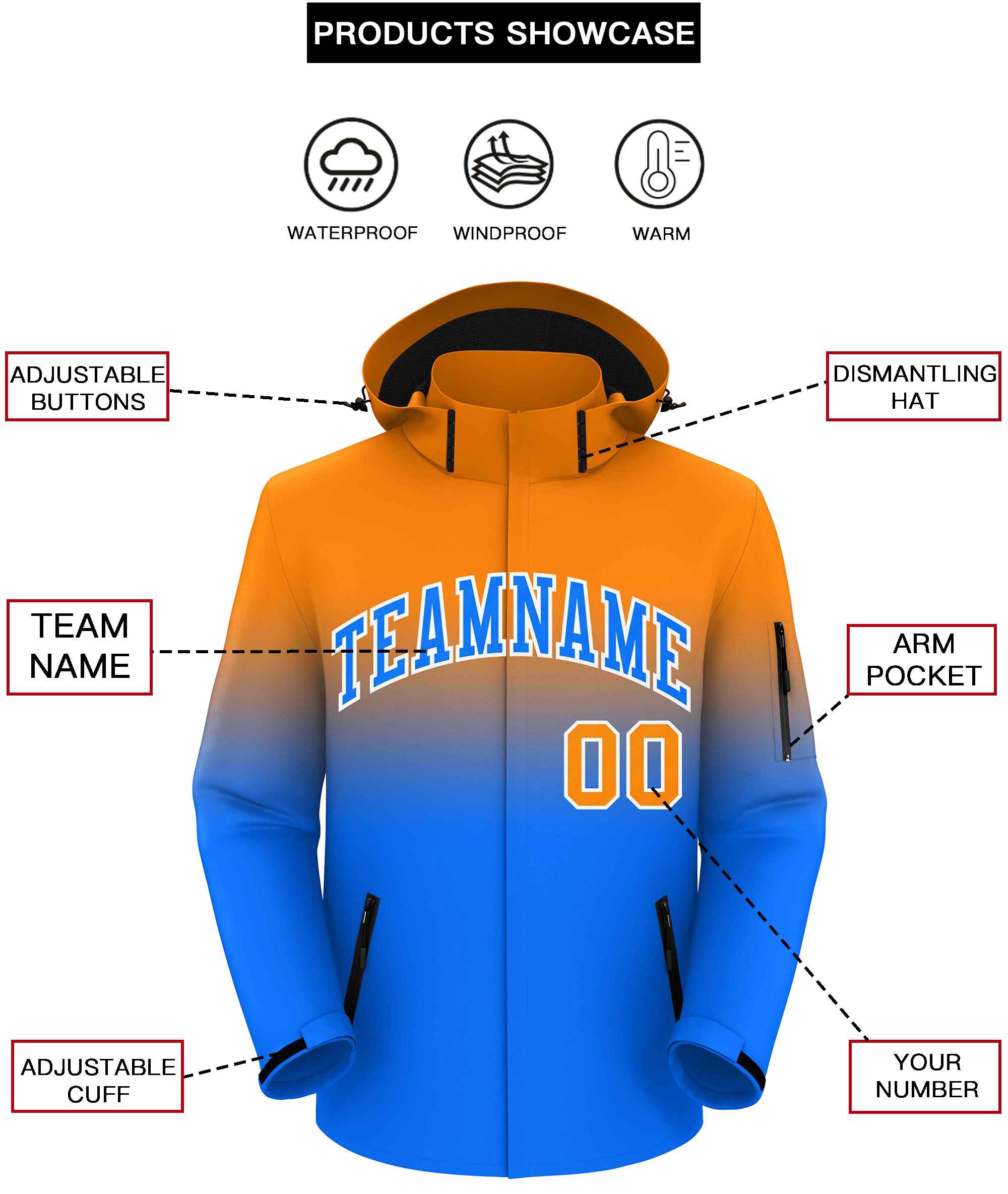 Custom Orange Blue Gradient Fashion Outdoor Hooded Waterproof Jacket