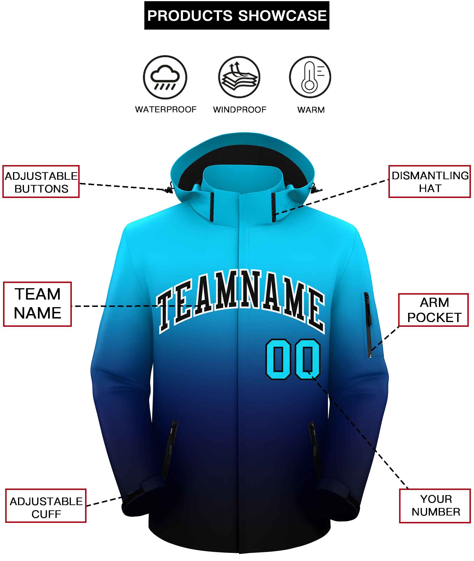 Custom Sky Blue Navy-Black Gradient Fashion Outdoor Hooded Waterproof Jacket