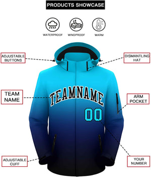 Custom Sky Blue Navy-Black Gradient Fashion Outdoor Hooded Waterproof Jacket