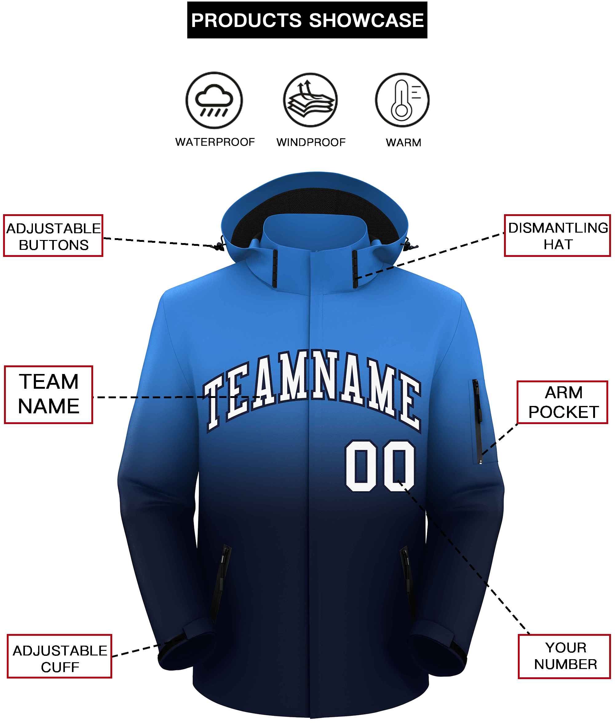 Custom Powder Blue Navy Gradient Fashion Outdoor Hooded Waterproof Jacket