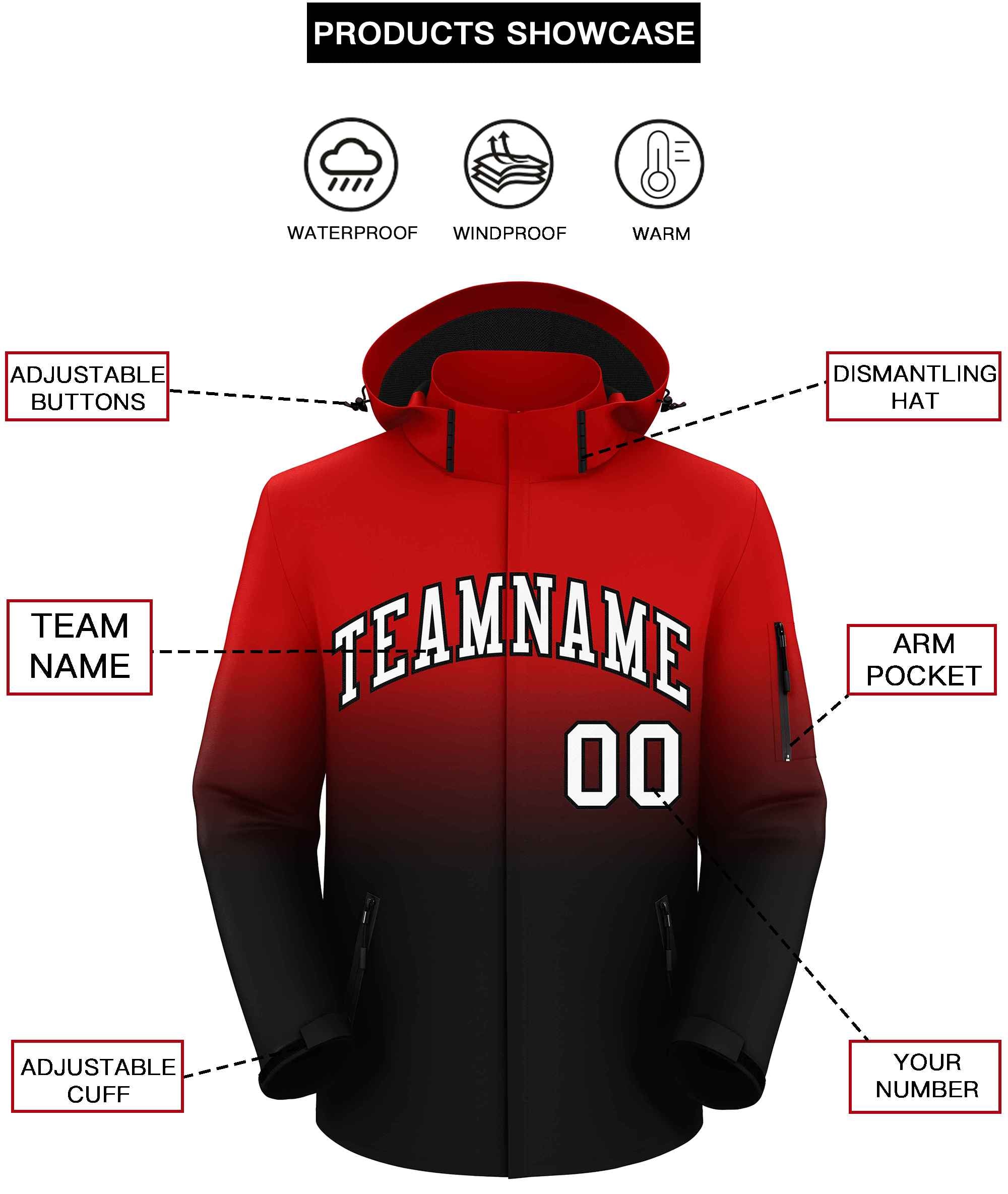 Custom Red Black Gradient Fashion Outdoor Hooded Waterproof Jacket