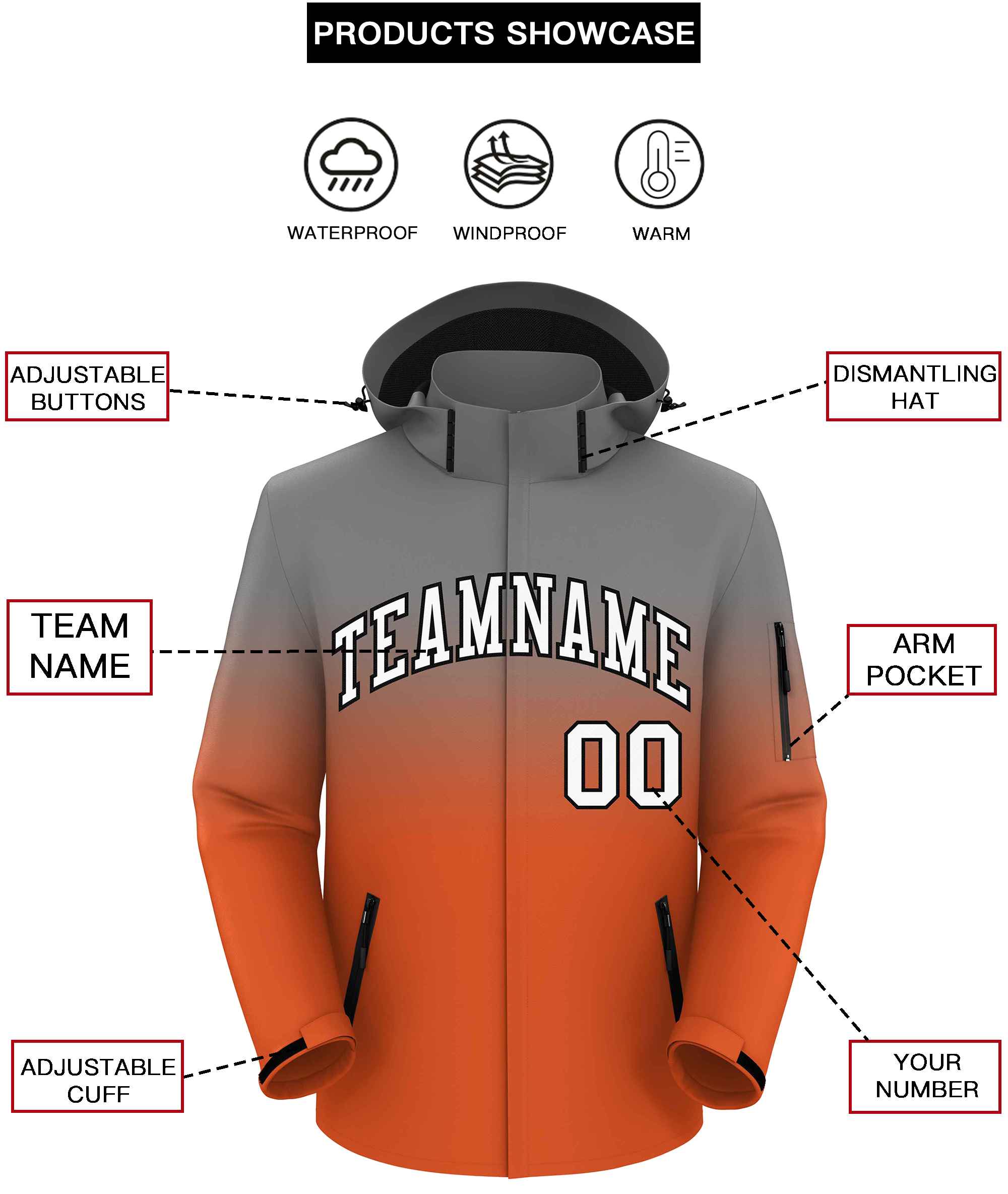 Custom Gray Orange Gradient Fashion Outdoor Hooded Waterproof Jacket