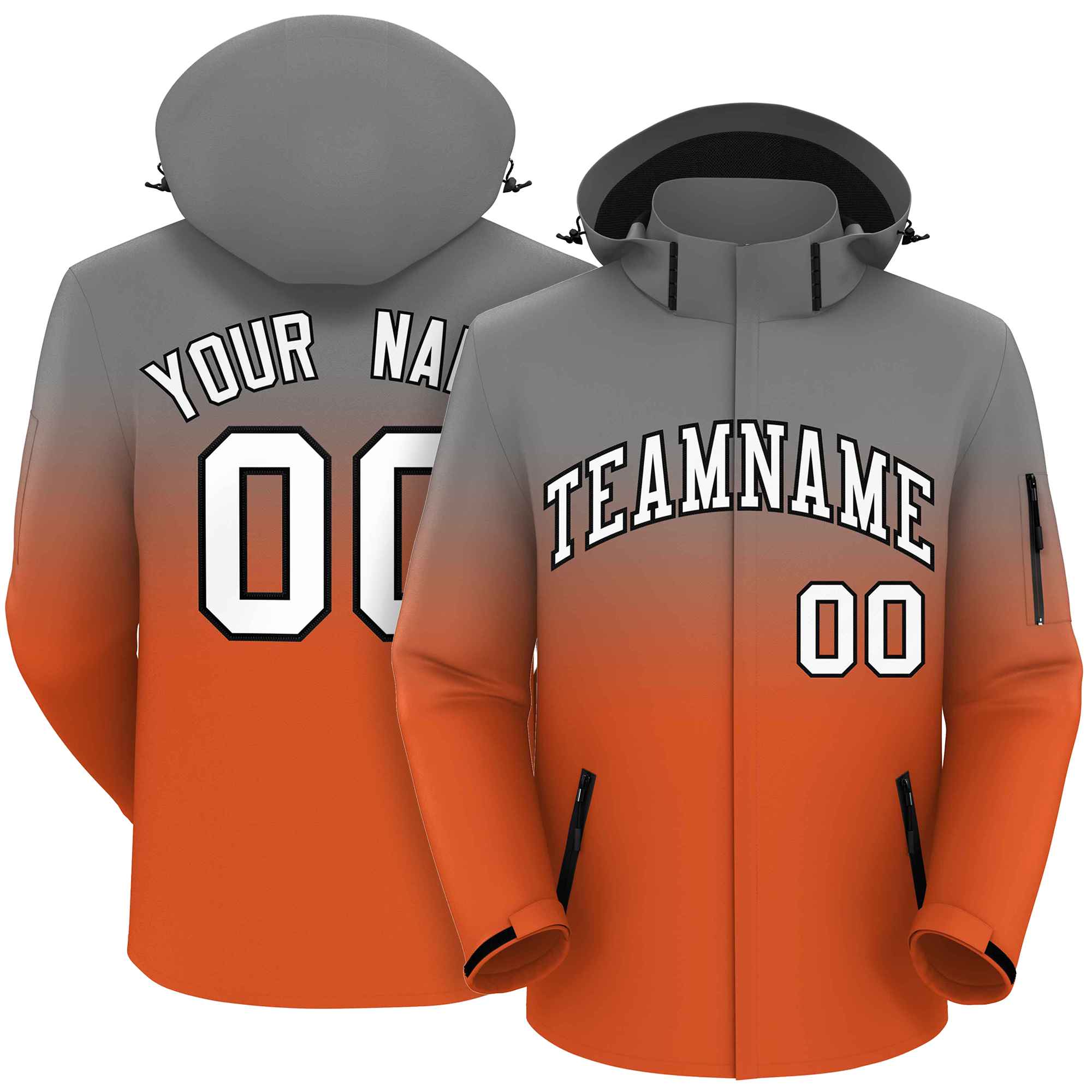 Custom Gray Orange Gradient Fashion Outdoor Hooded Waterproof Jacket