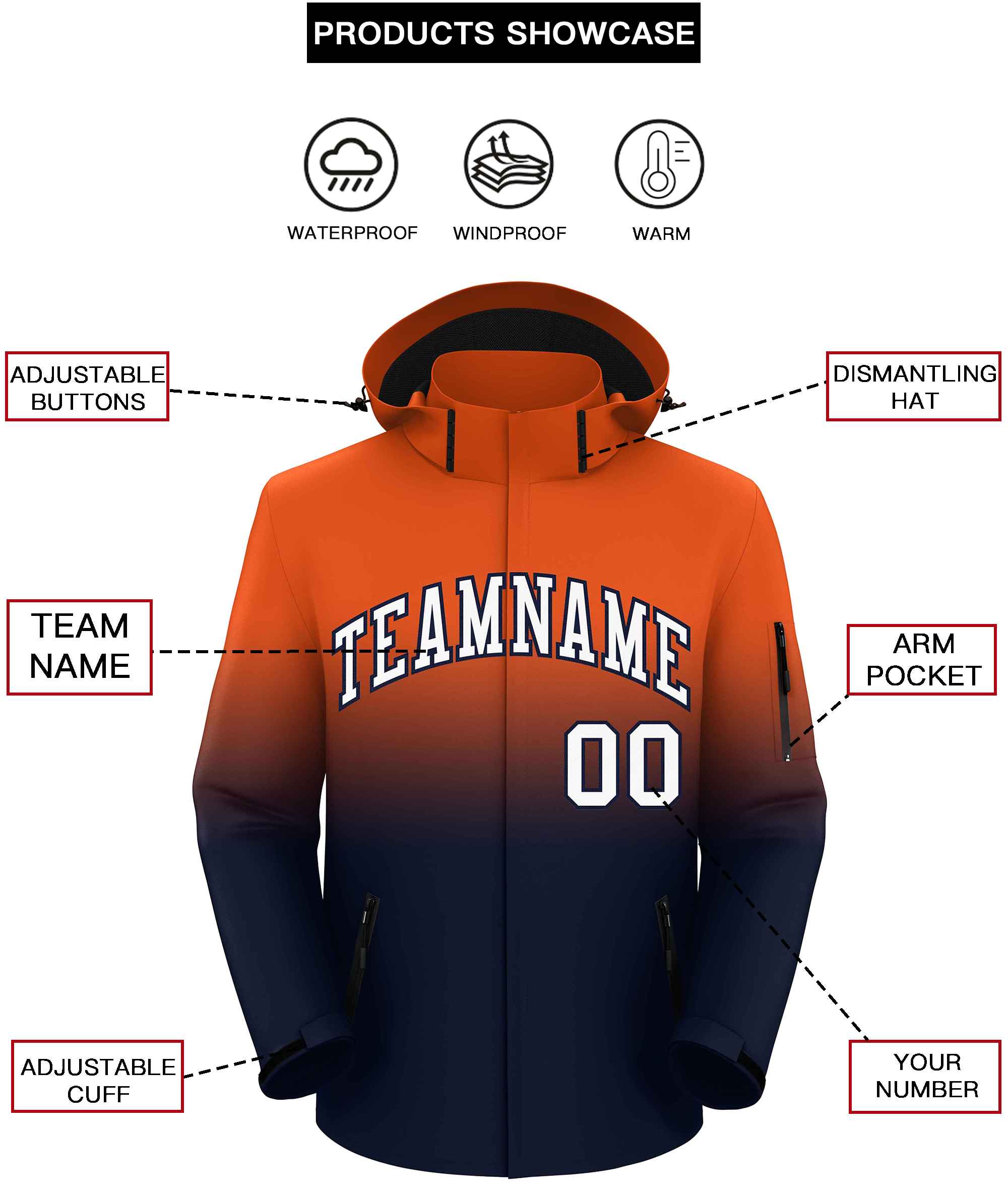 Custom Orange Navy Gradient Fashion Outdoor Hooded Waterproof Jacket