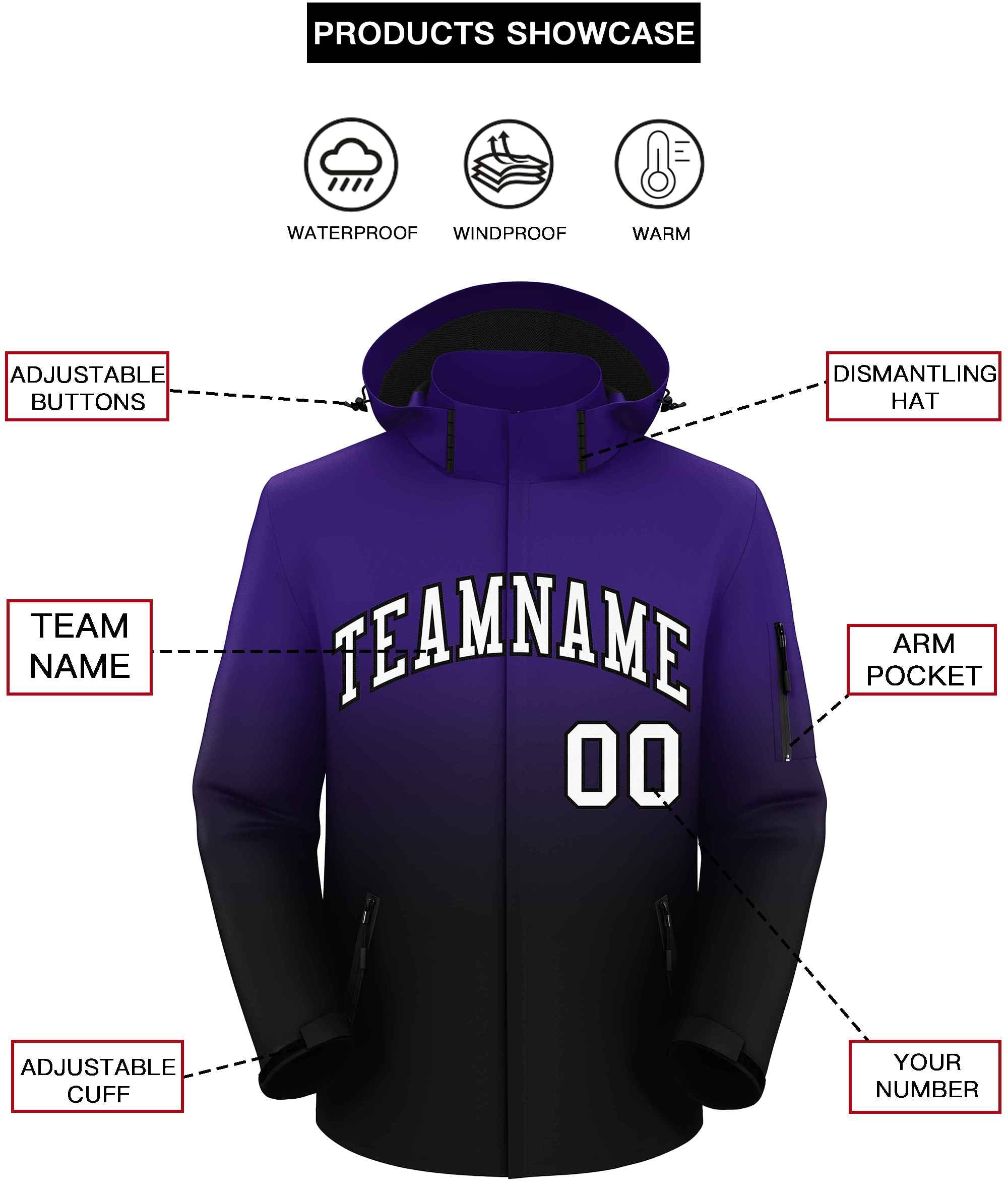 Custom Purple Black Gradient Fashion Outdoor Hooded Waterproof Jacket