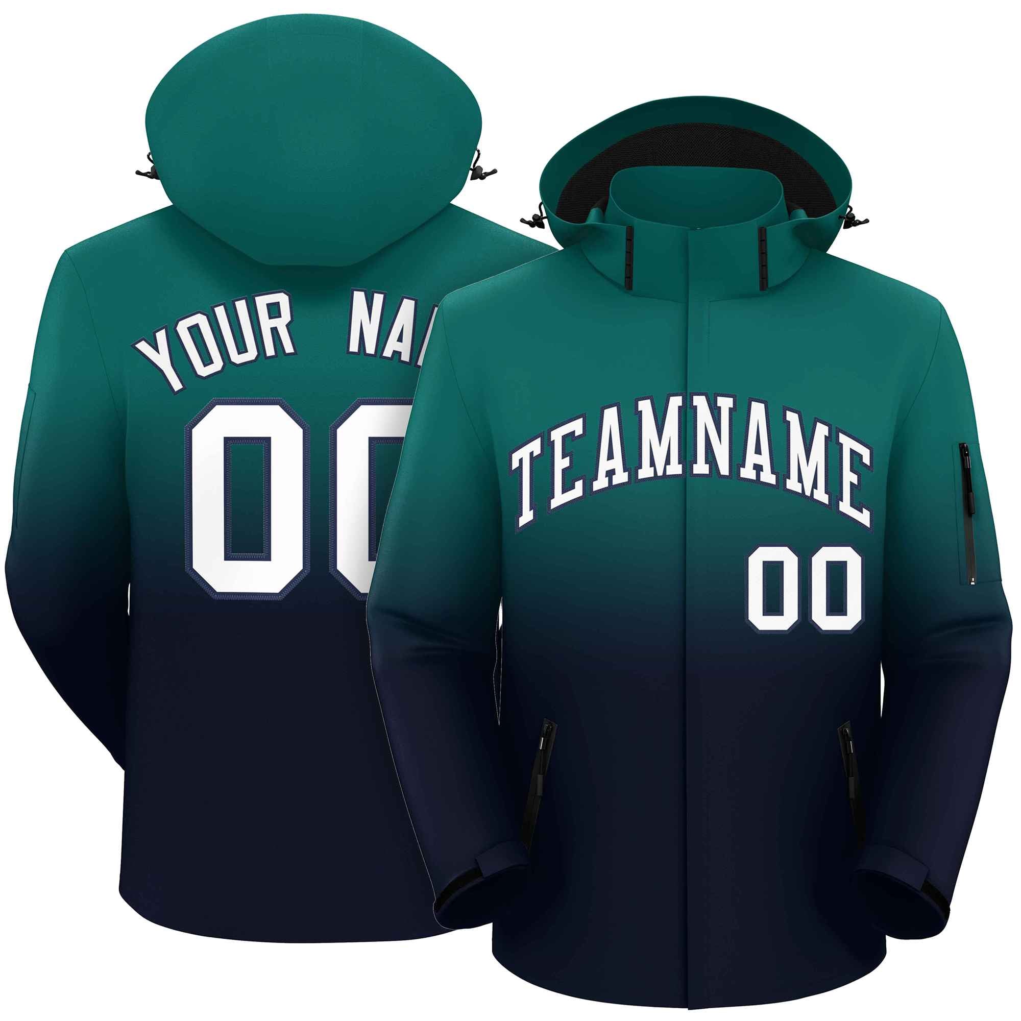 Custom Aqua Navy Gradient Fashion Outdoor Hooded Waterproof Jacket