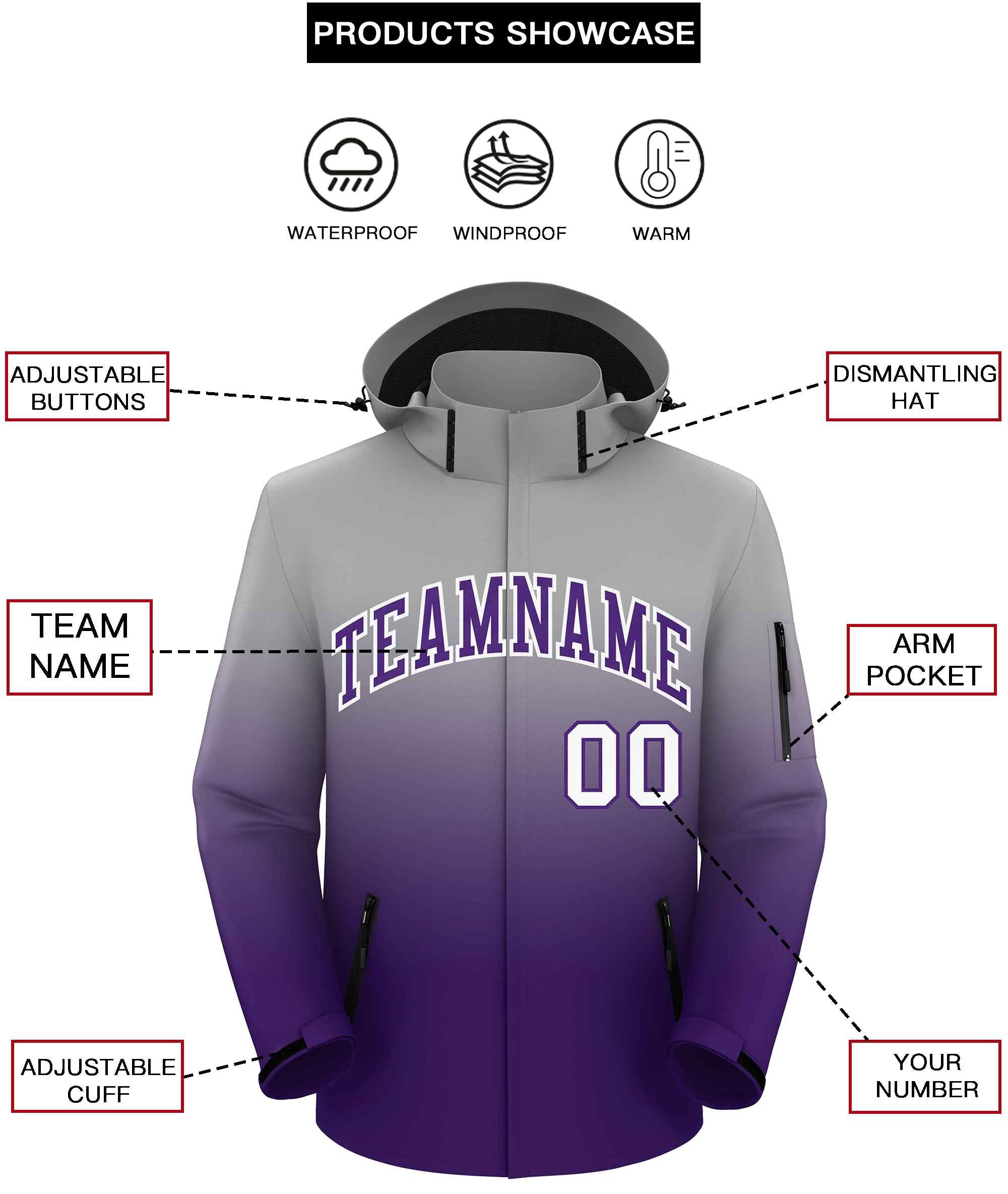 Custom Gray Purple Gradient Fashion Outdoor Hooded Waterproof Jacket