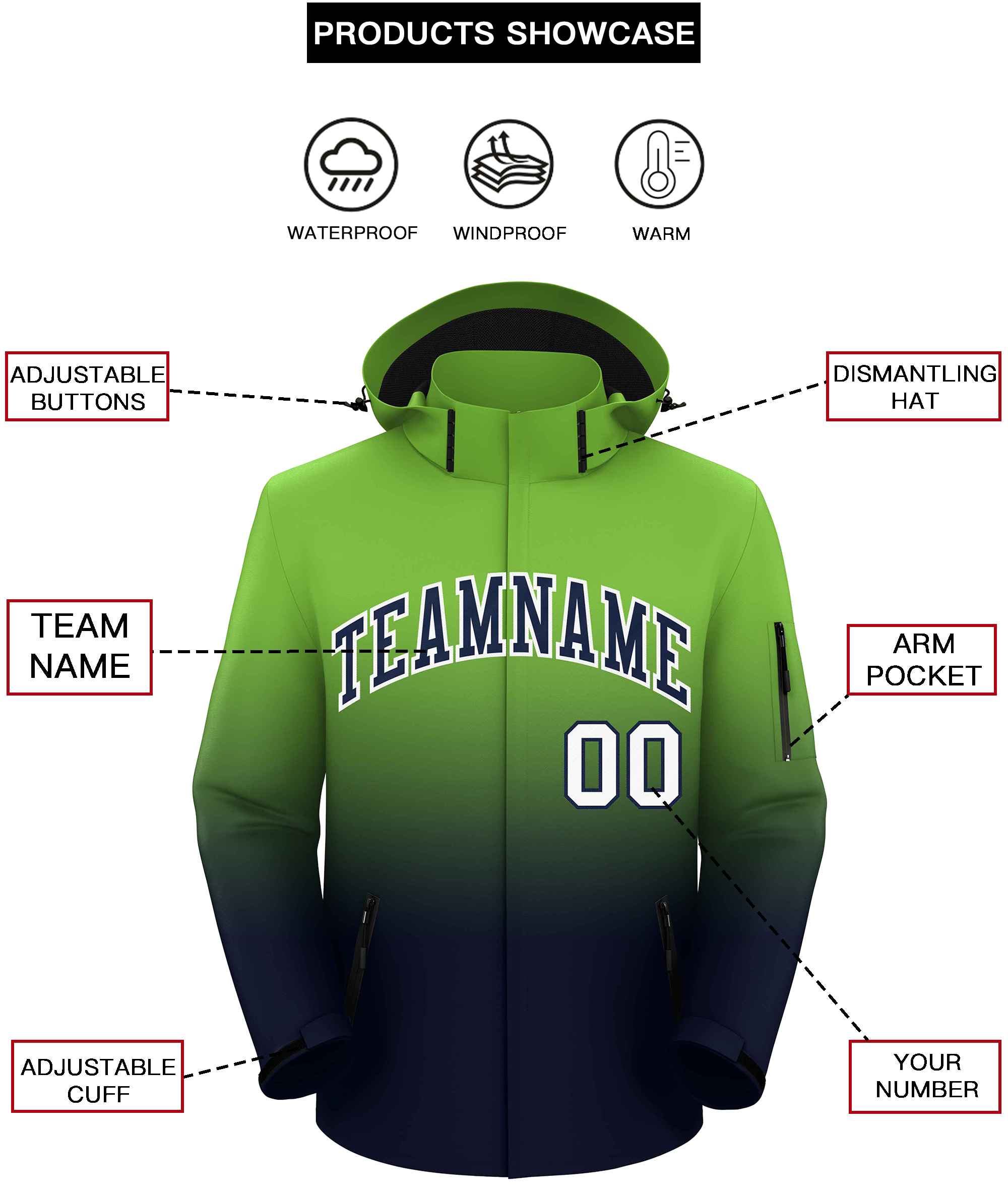 Custom Neon Green Navy Gradient Fashion Outdoor Hooded Waterproof Jacket