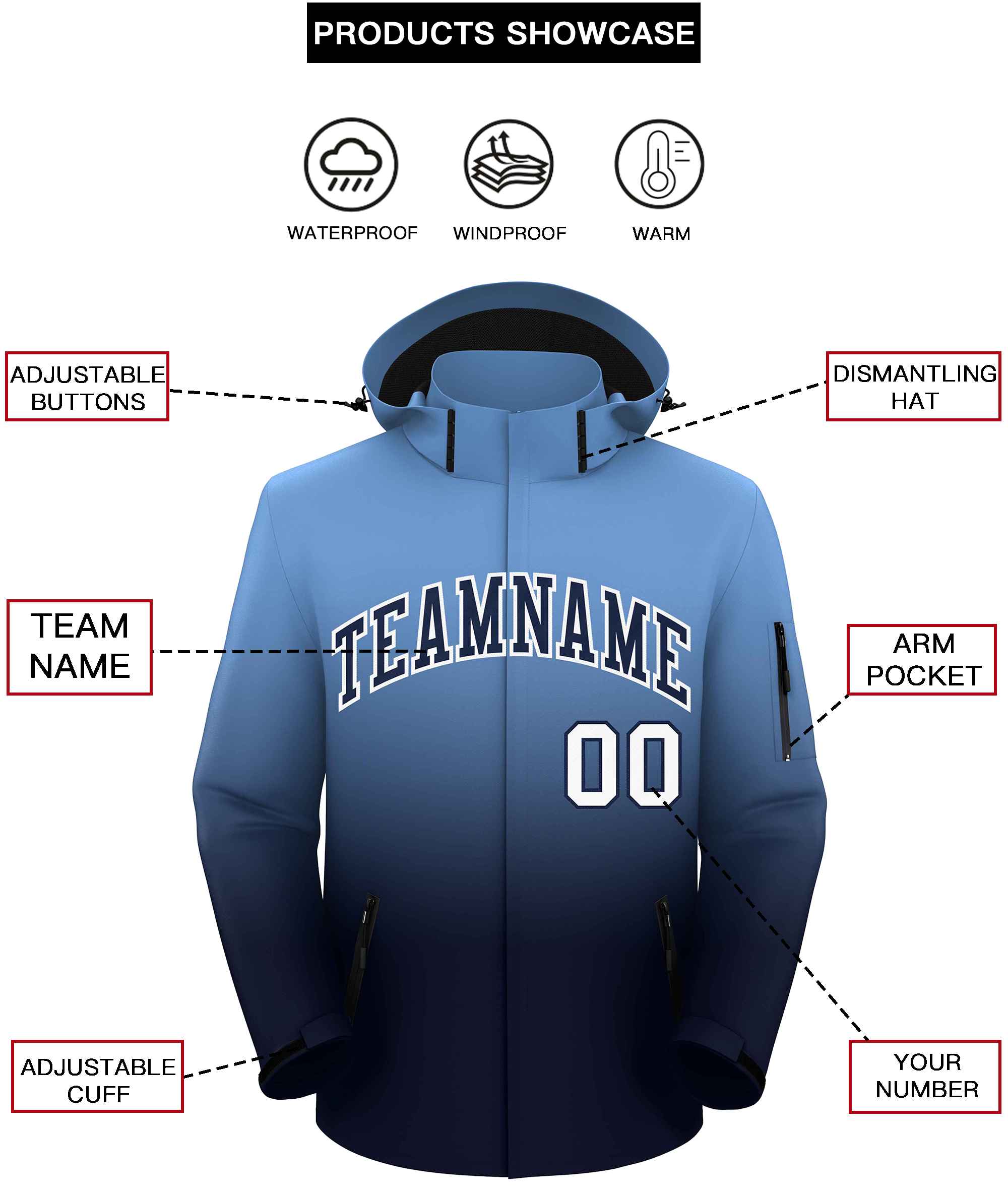 Custom Light Blue Navy Gradient Fashion Outdoor Hooded Waterproof Jacket