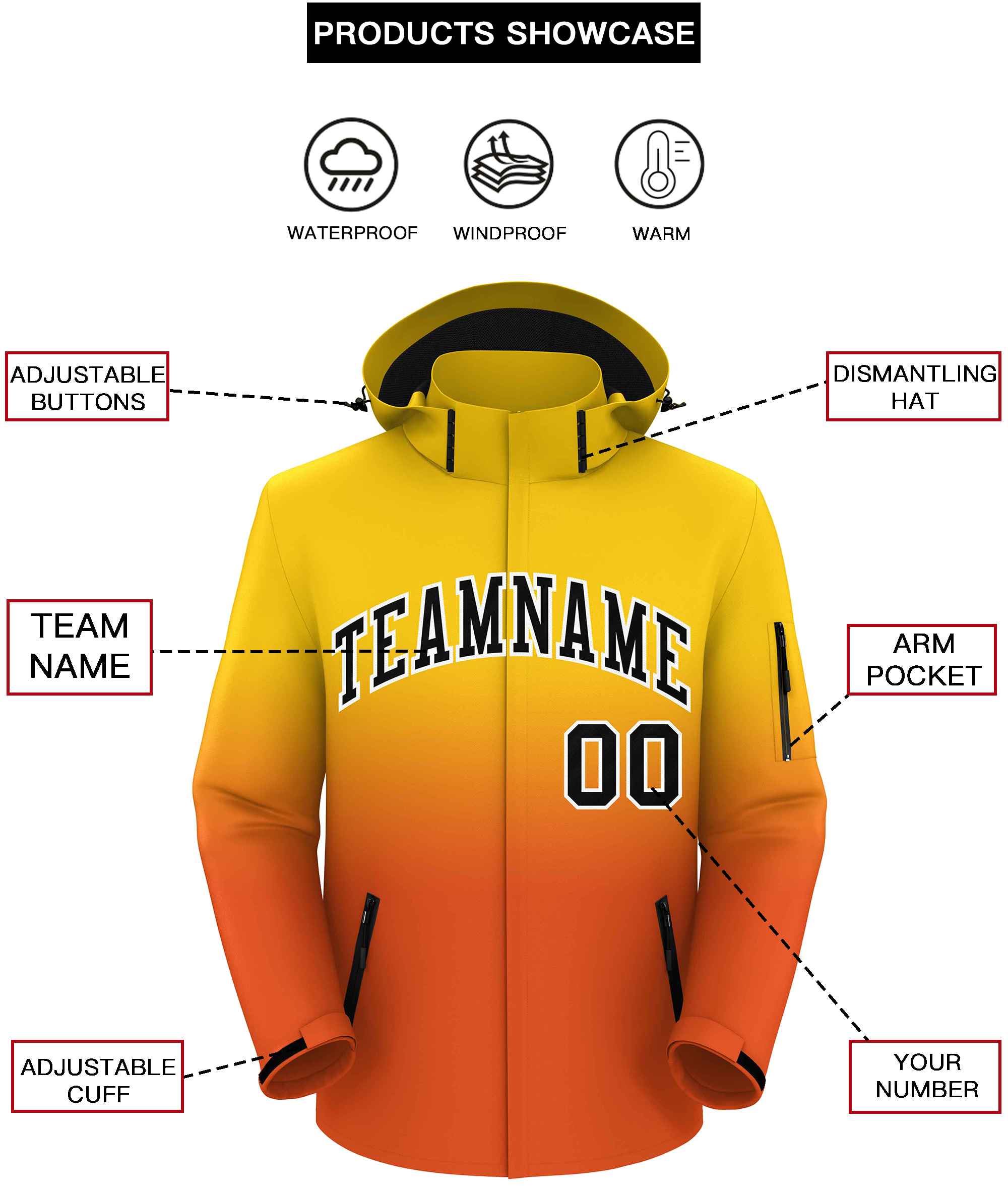 Custom Gold Orange Gradient Fashion Outdoor Hooded Waterproof Jacket