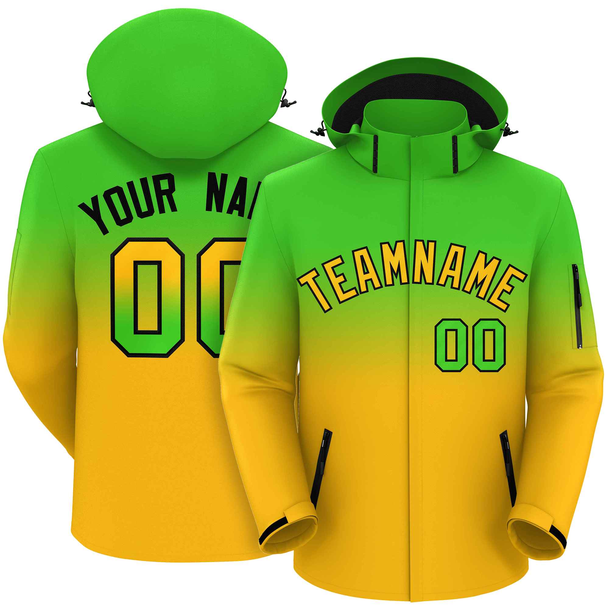 Custom Green Yellow Gradient Fashion Outdoor Hooded Waterproof Jacket