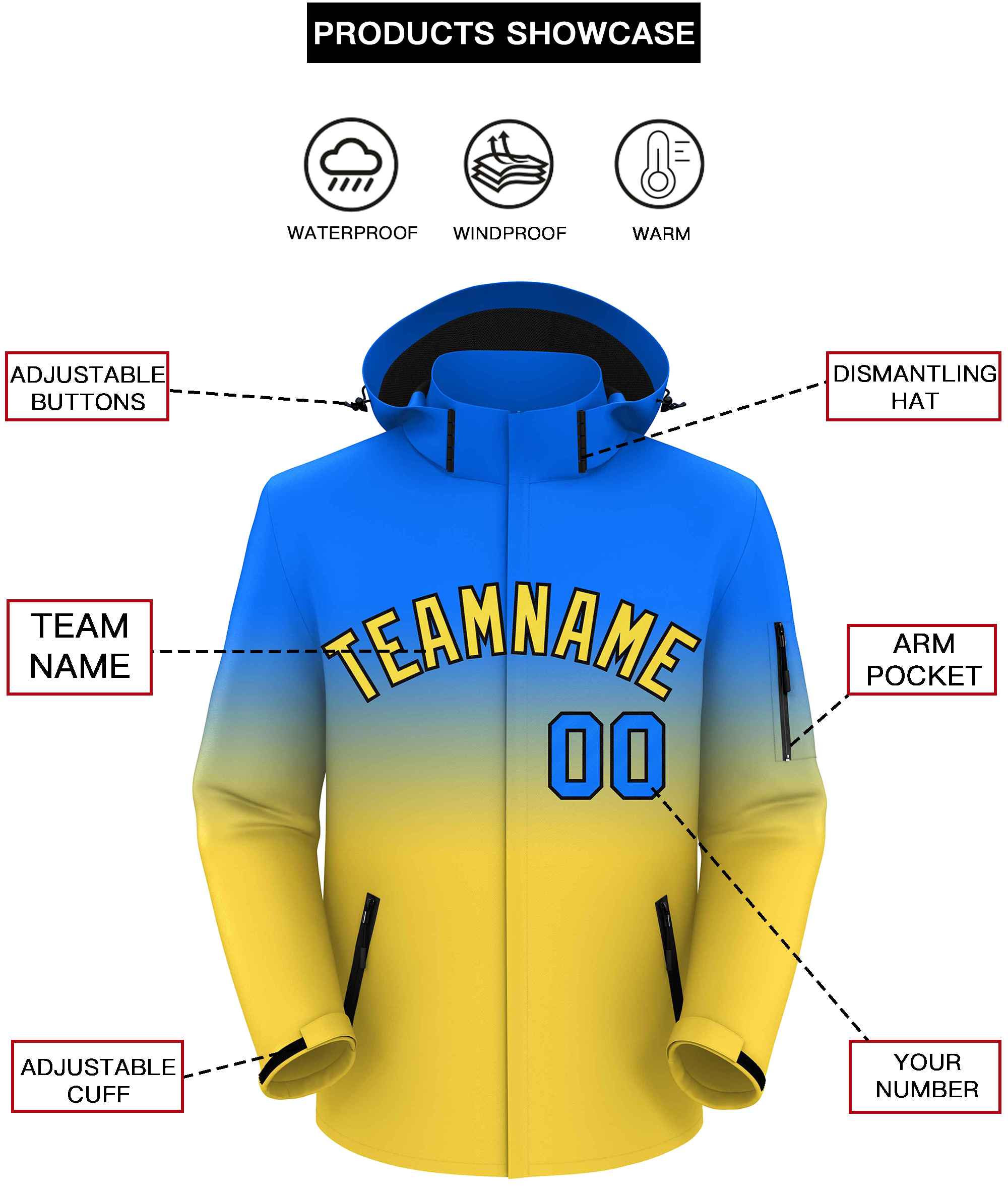 Custom Blue Yellow Gradient Fashion Outdoor Hooded Waterproof Jacket