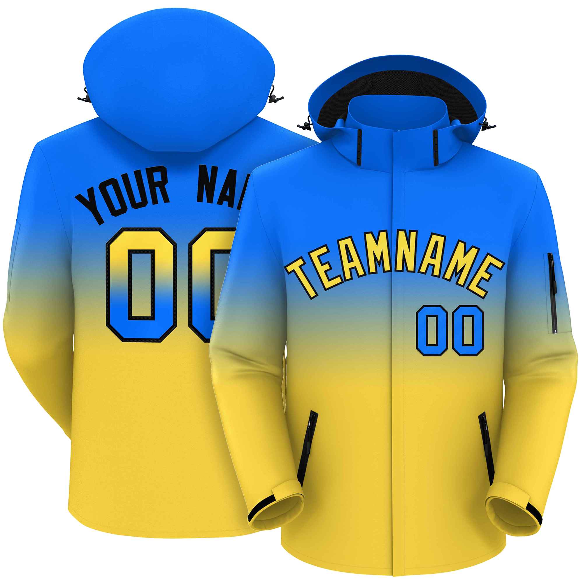 Custom Blue Yellow Gradient Fashion Outdoor Hooded Waterproof Jacket