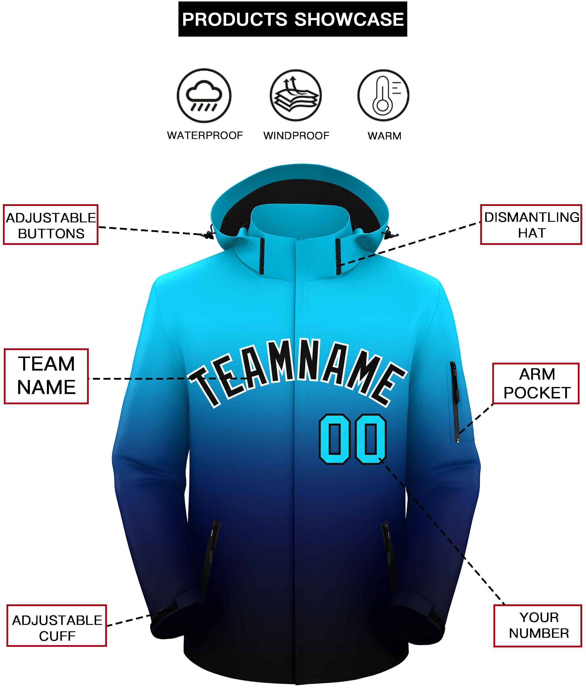 Custom Sky Blue Navy-Black Gradient Fashion Outdoor Hooded Waterproof Jacket