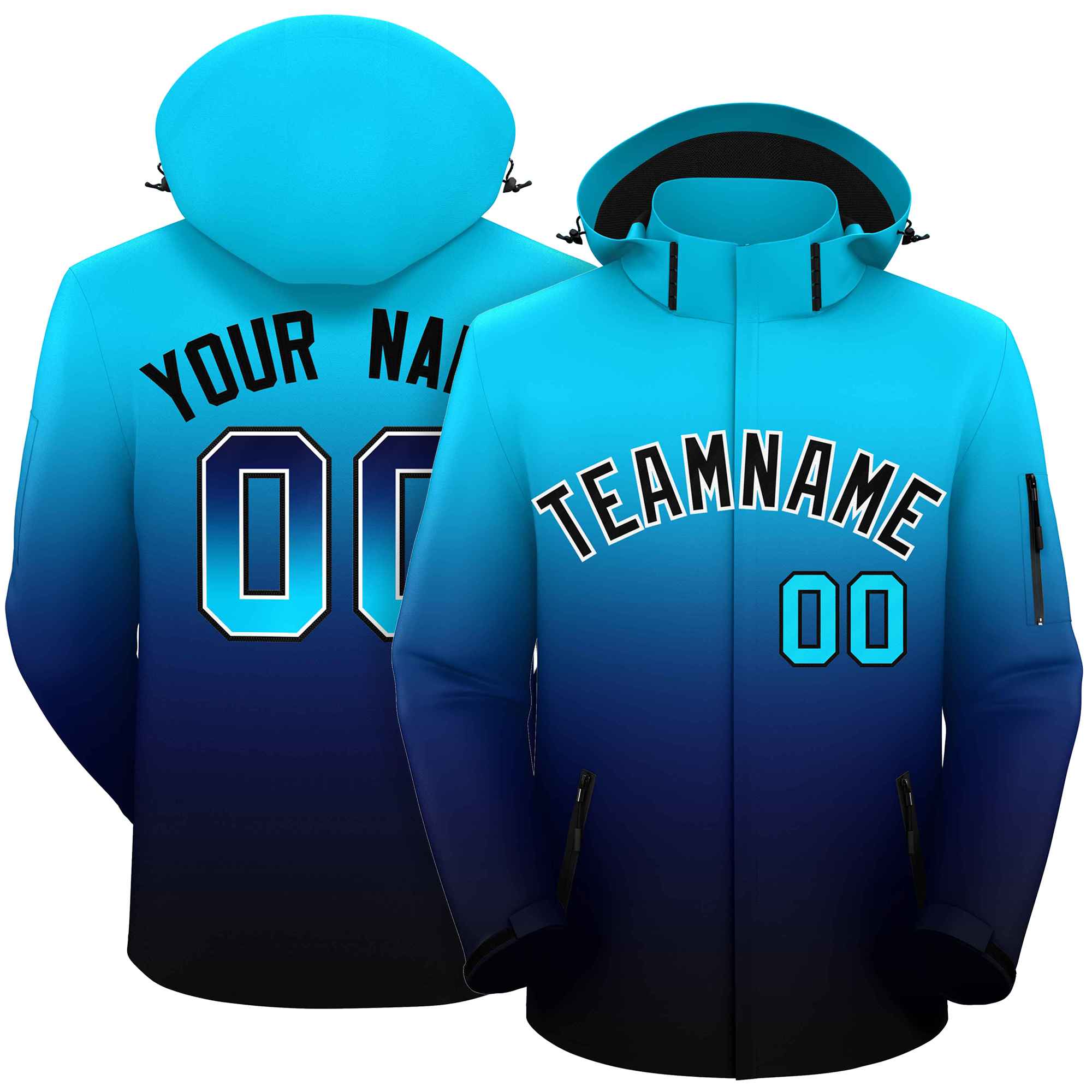 Custom Sky Blue Navy-Black Gradient Fashion Outdoor Hooded Waterproof Jacket