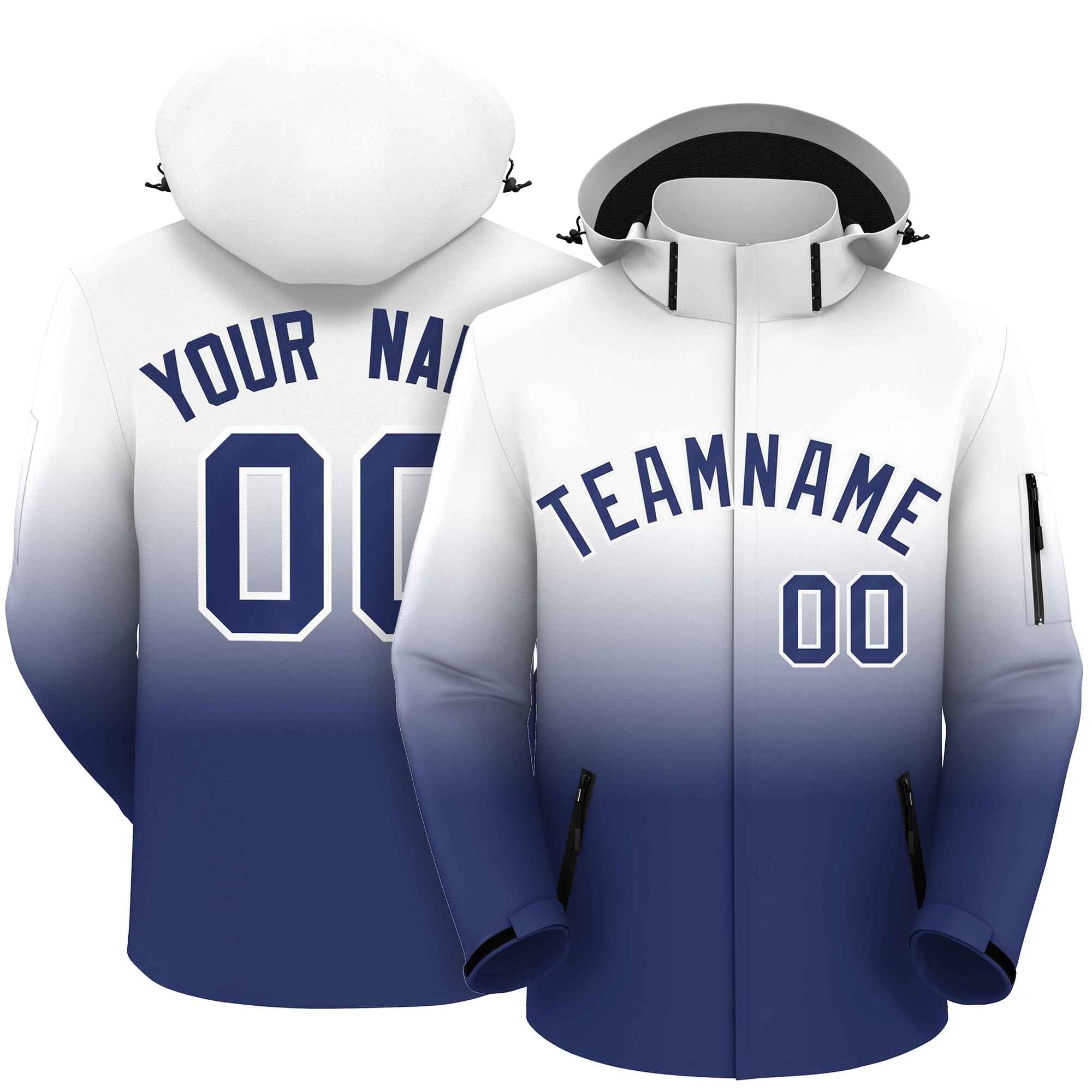 Custom White Blue Gradient Fashion Outdoor Hooded Waterproof Jacket